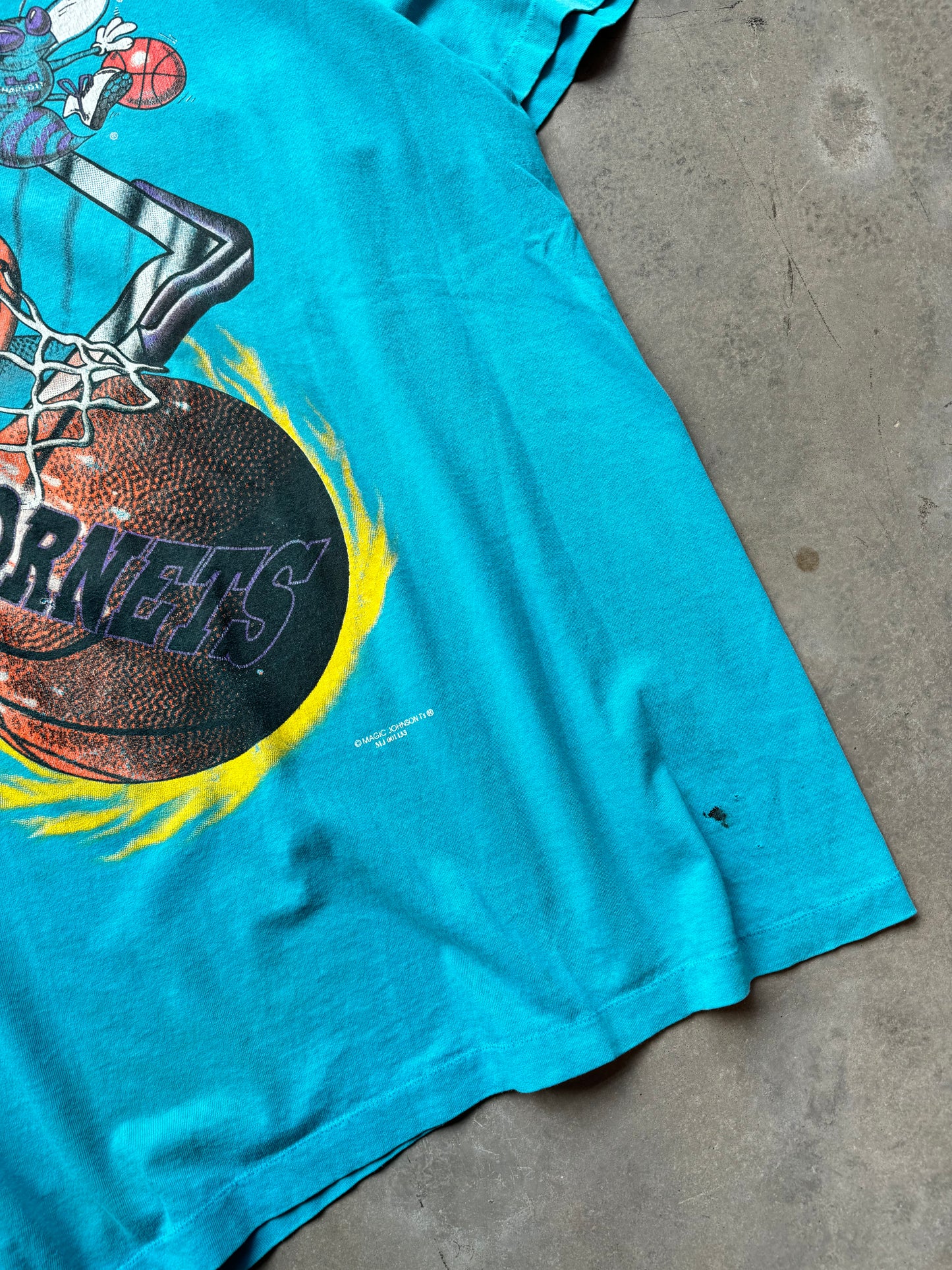90’s Charlotte Hornets Vintage Faded Teal Flame Ball NBA Tee by Magic Johnson Tees (XL)