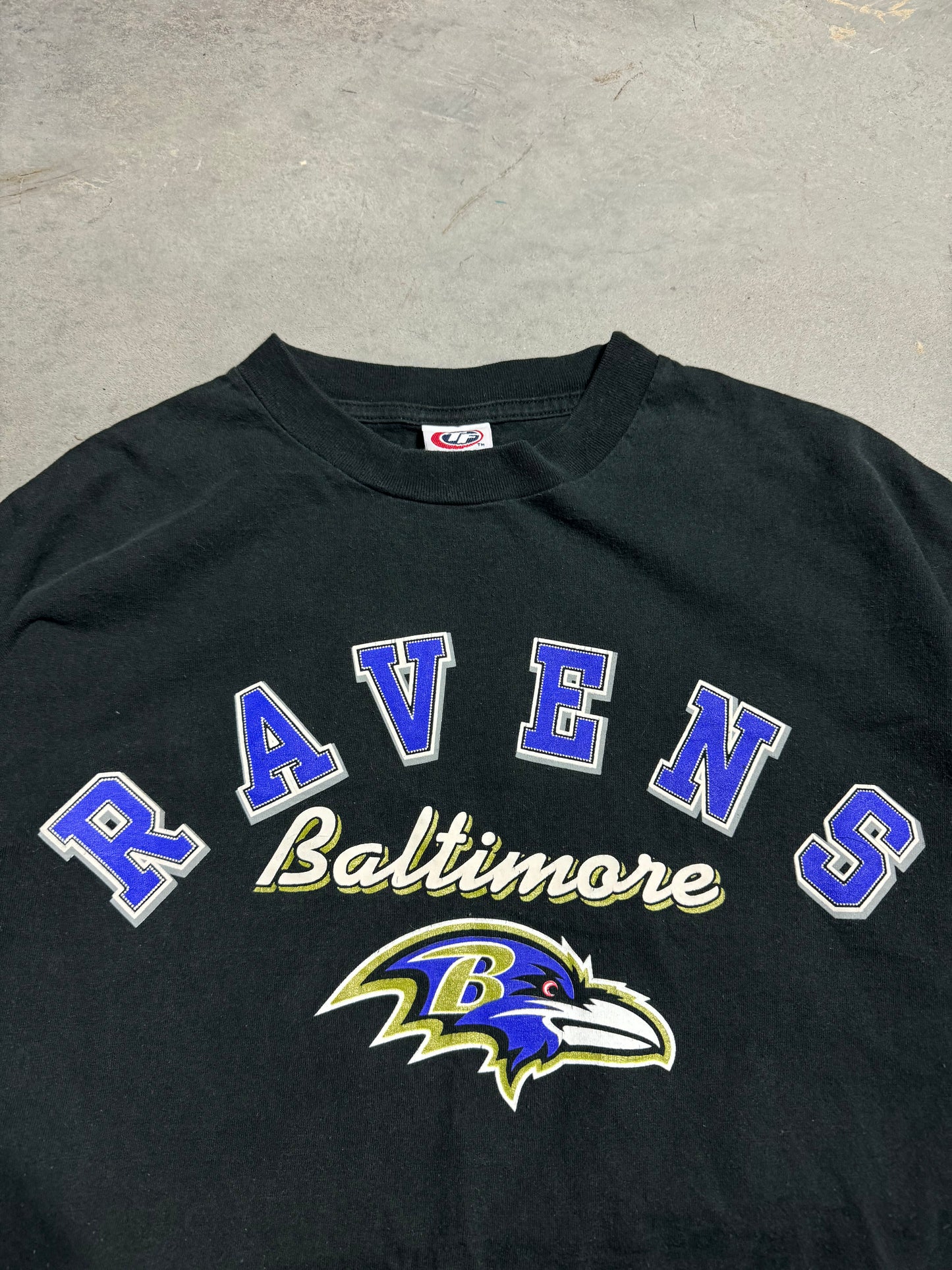 00’s Baltimore Ravens Vintage Arch Spellout NFL Logo Tee (XL)