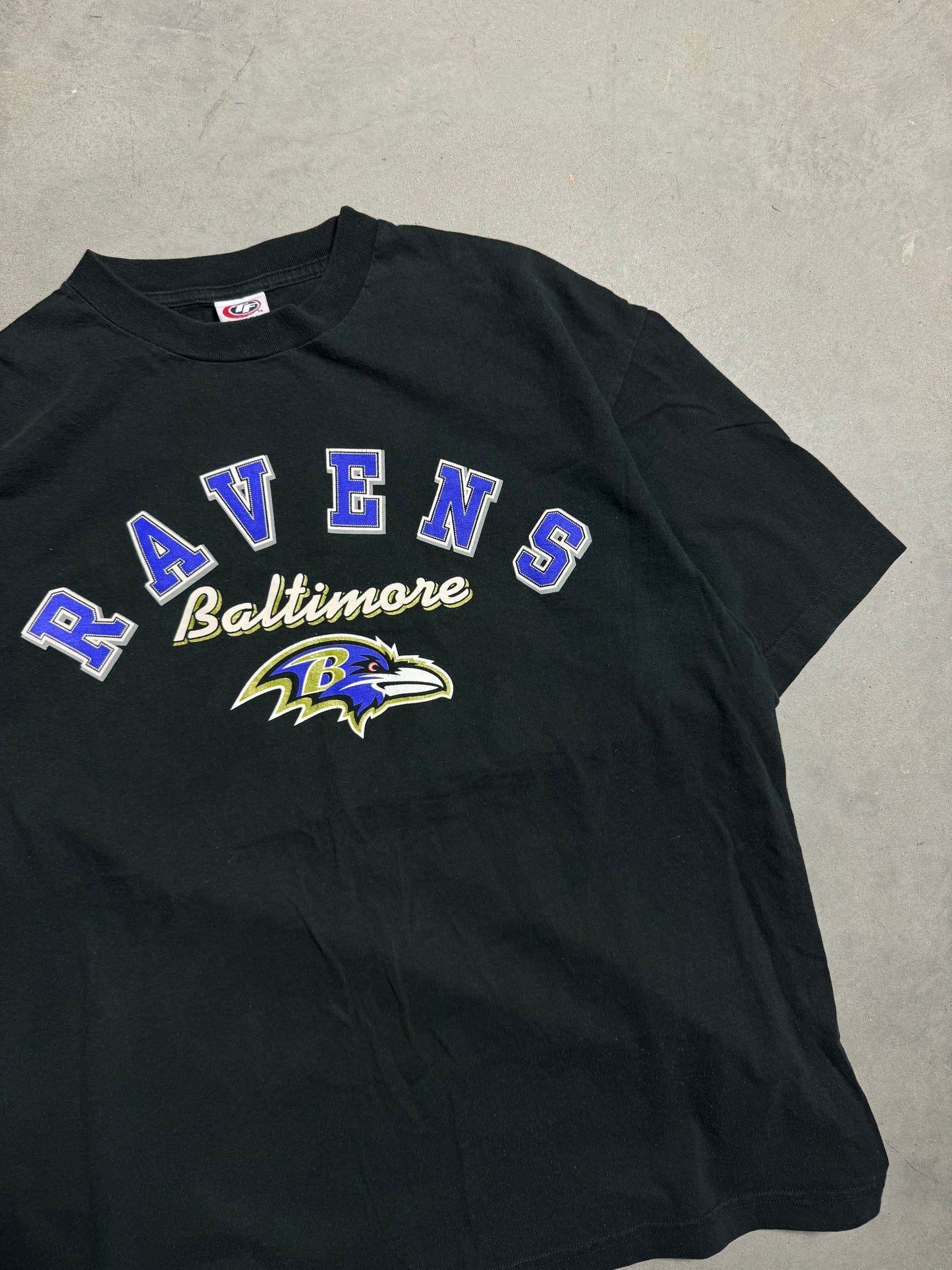 00’s Baltimore Ravens Vintage Arch Spellout NFL Logo Tee (XL)