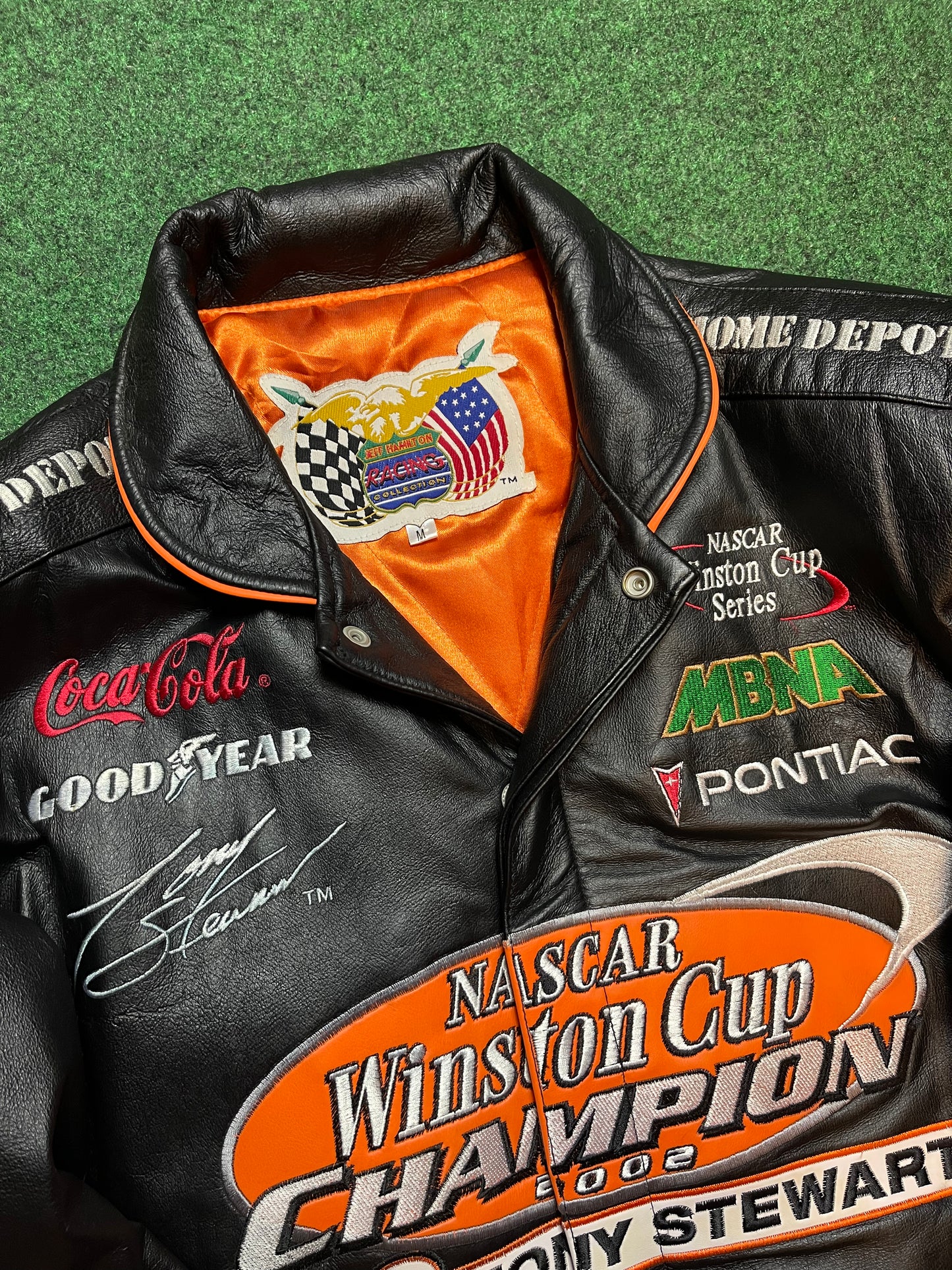 2002 Tony Stewart Home Depot Racing Vintage NASCAR Winston Cup Champion Jeff Hamilton Leather Jacket (Medium)