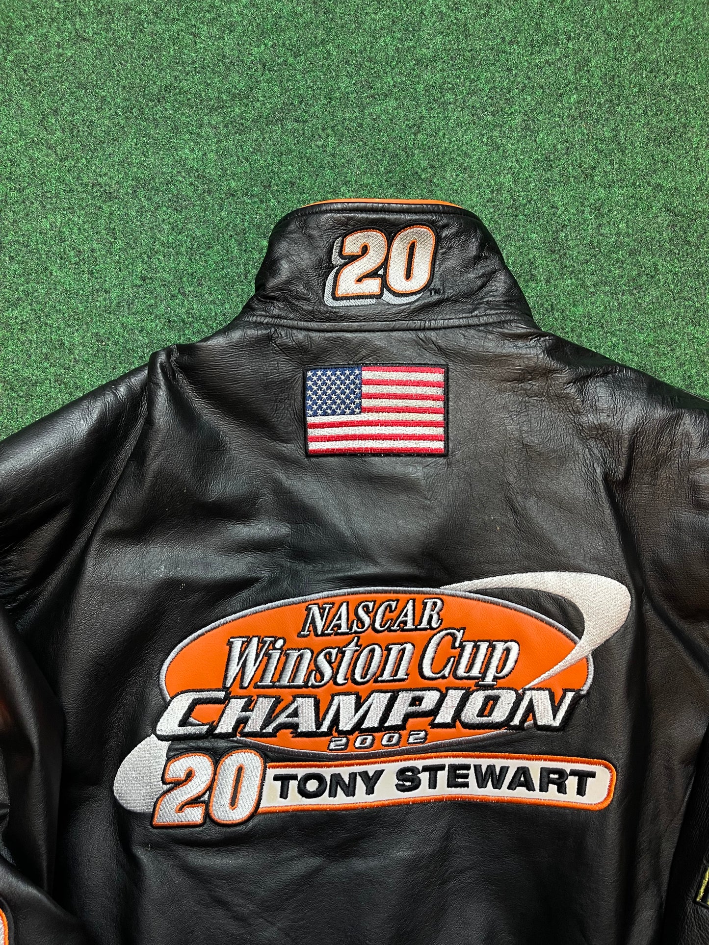2002 Tony Stewart Home Depot Racing Vintage NASCAR Winston Cup Champion Jeff Hamilton Leather Jacket (Medium)