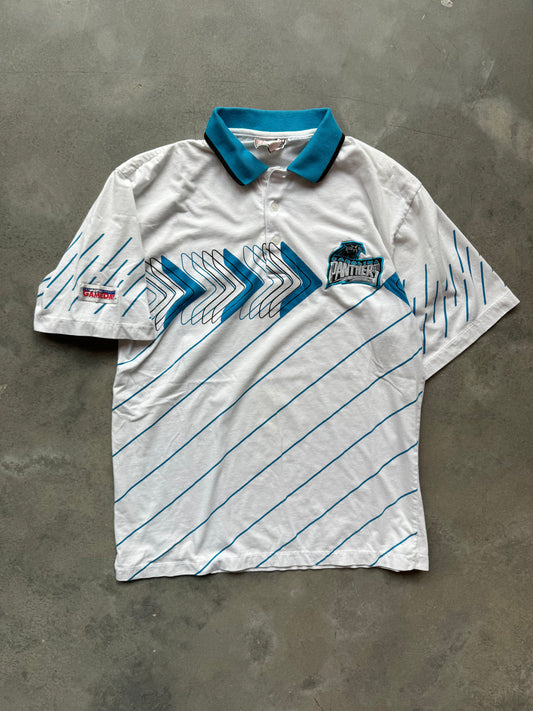90’s Carolina Panthers Vintage White NFL Game Day Printed Polo Collared Shirt (Medium)