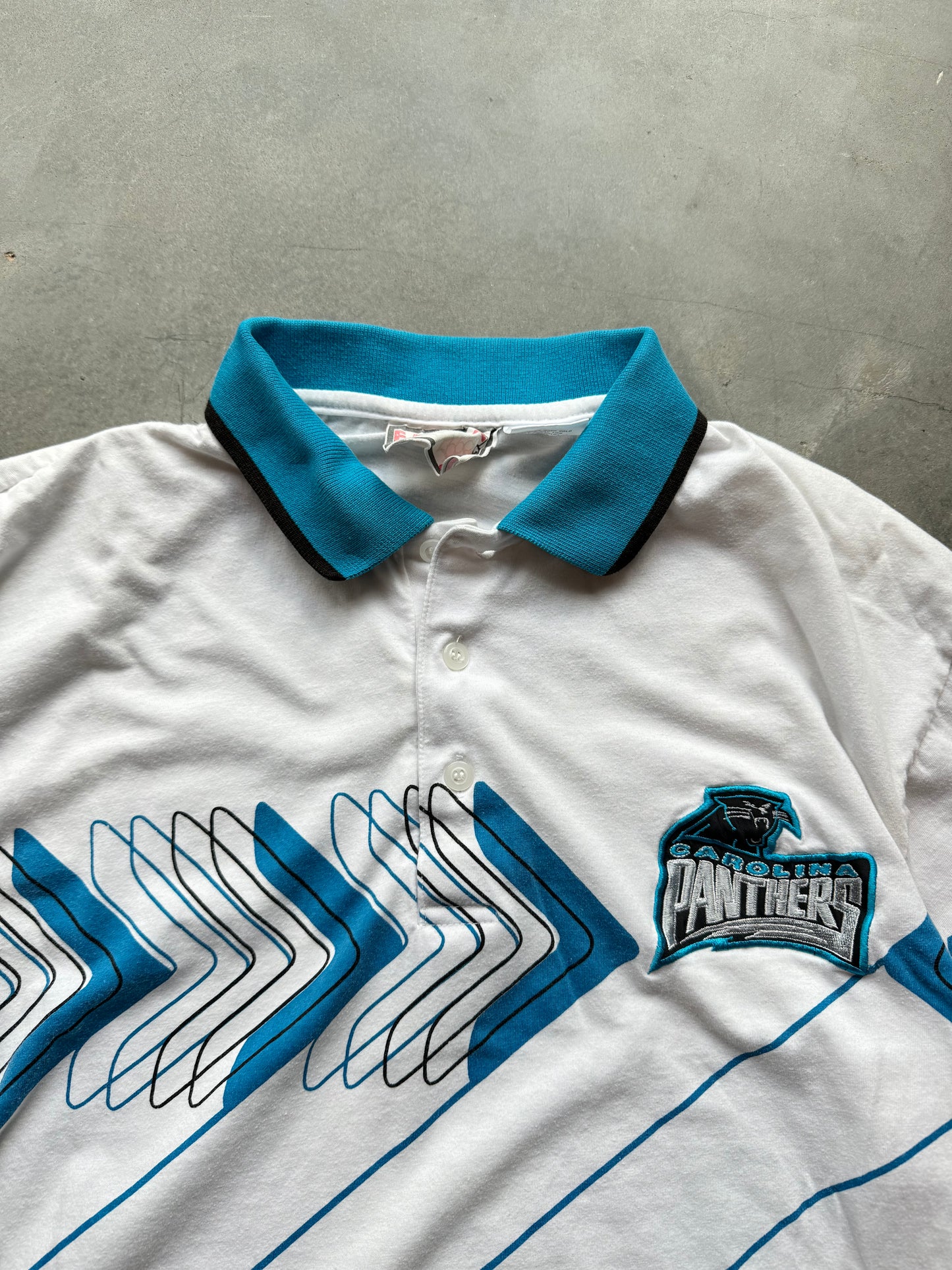 90’s Carolina Panthers Vintage White NFL Game Day Printed Polo Collared Shirt (Medium)