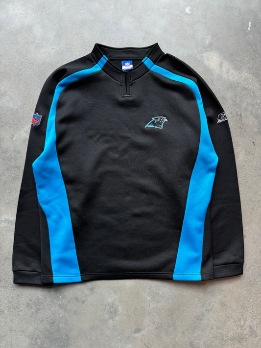 00’s Carolina Panthers Vintage Black Colorblocked Reebok Fleece Lined Sideline Style NFL Pullover (Large)