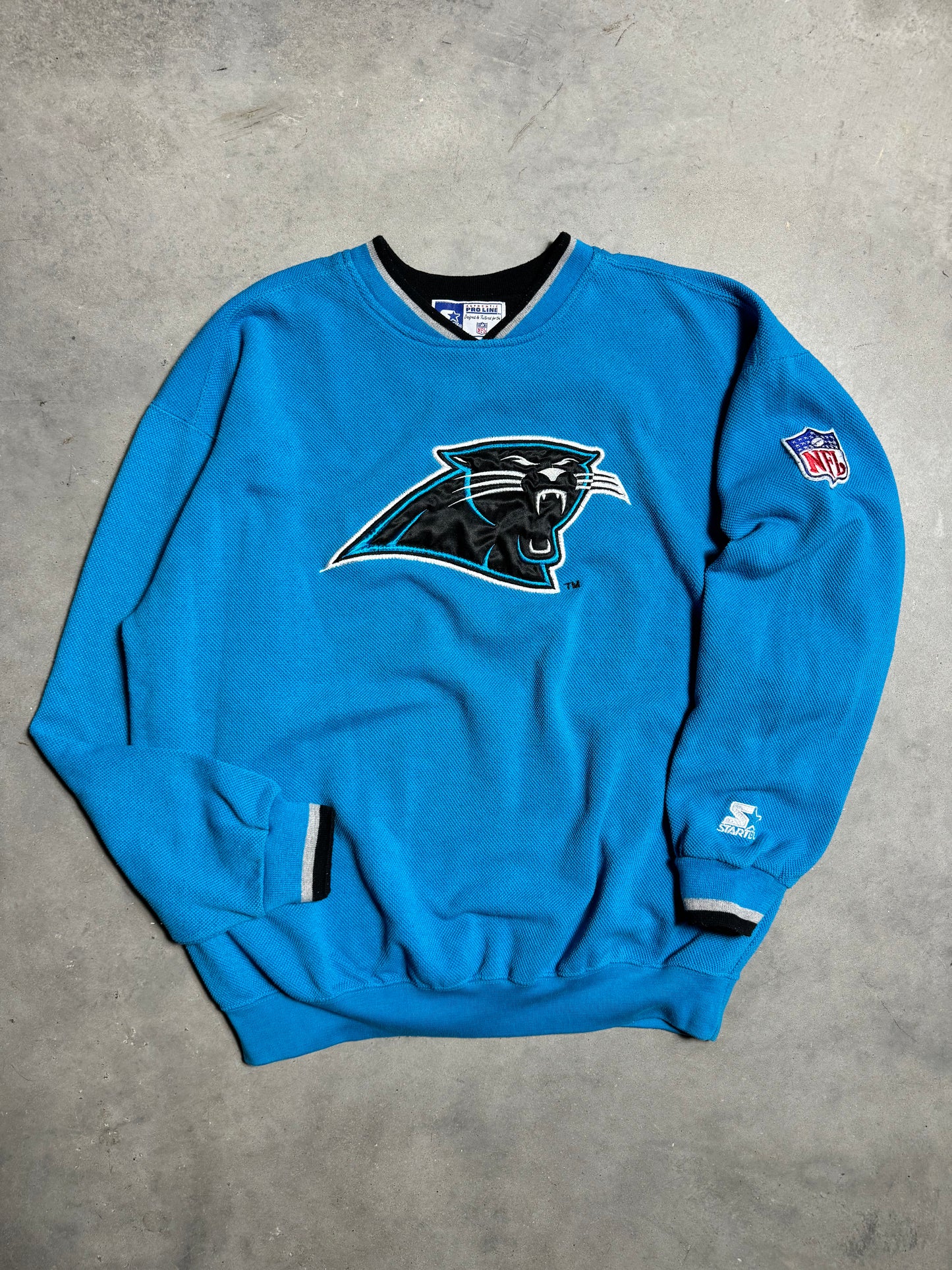 90’s Carolina Panthers Vintage Starter Electric Blue Woven Fully Embroidered NFL Crewneck (XL)