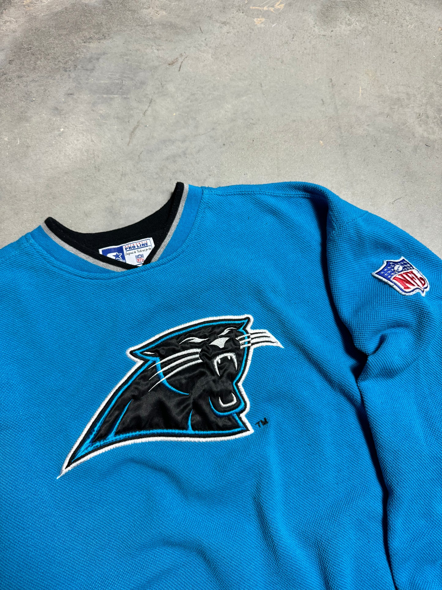 90’s Carolina Panthers Vintage Starter Electric Blue Woven Fully Embroidered NFL Crewneck (XL)