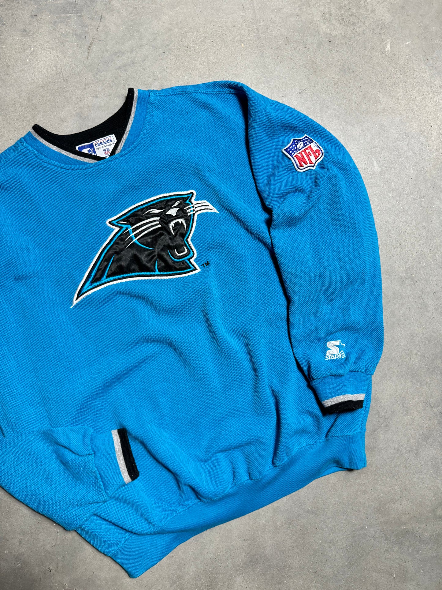 90’s Carolina Panthers Vintage Starter Electric Blue Woven Fully Embroidered NFL Crewneck (XL)