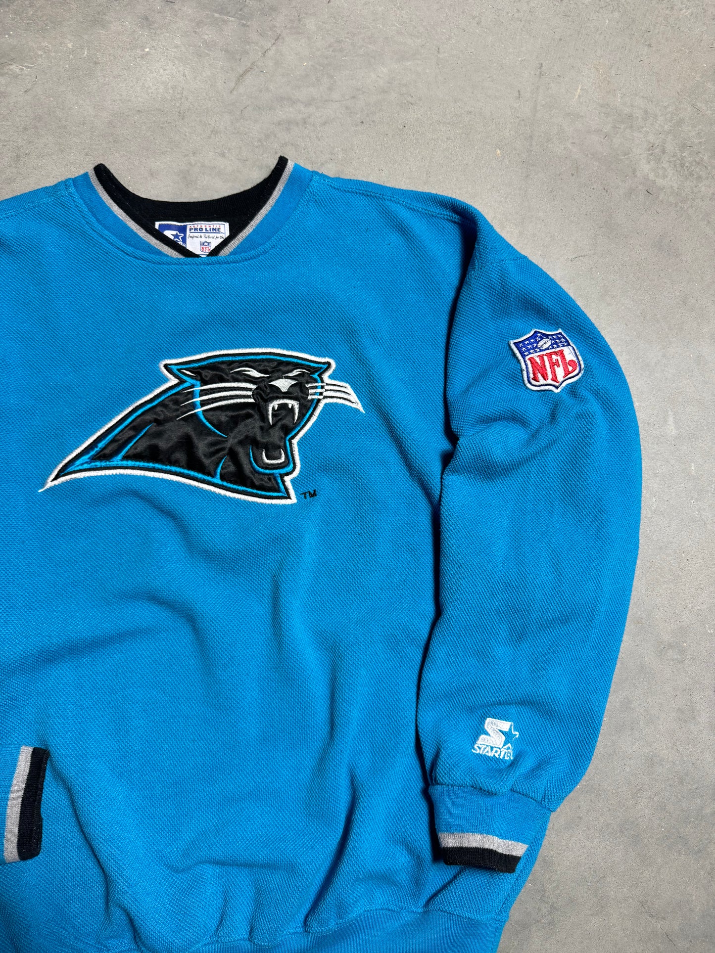 90’s Carolina Panthers Vintage Starter Electric Blue Woven Fully Embroidered NFL Crewneck (XL)