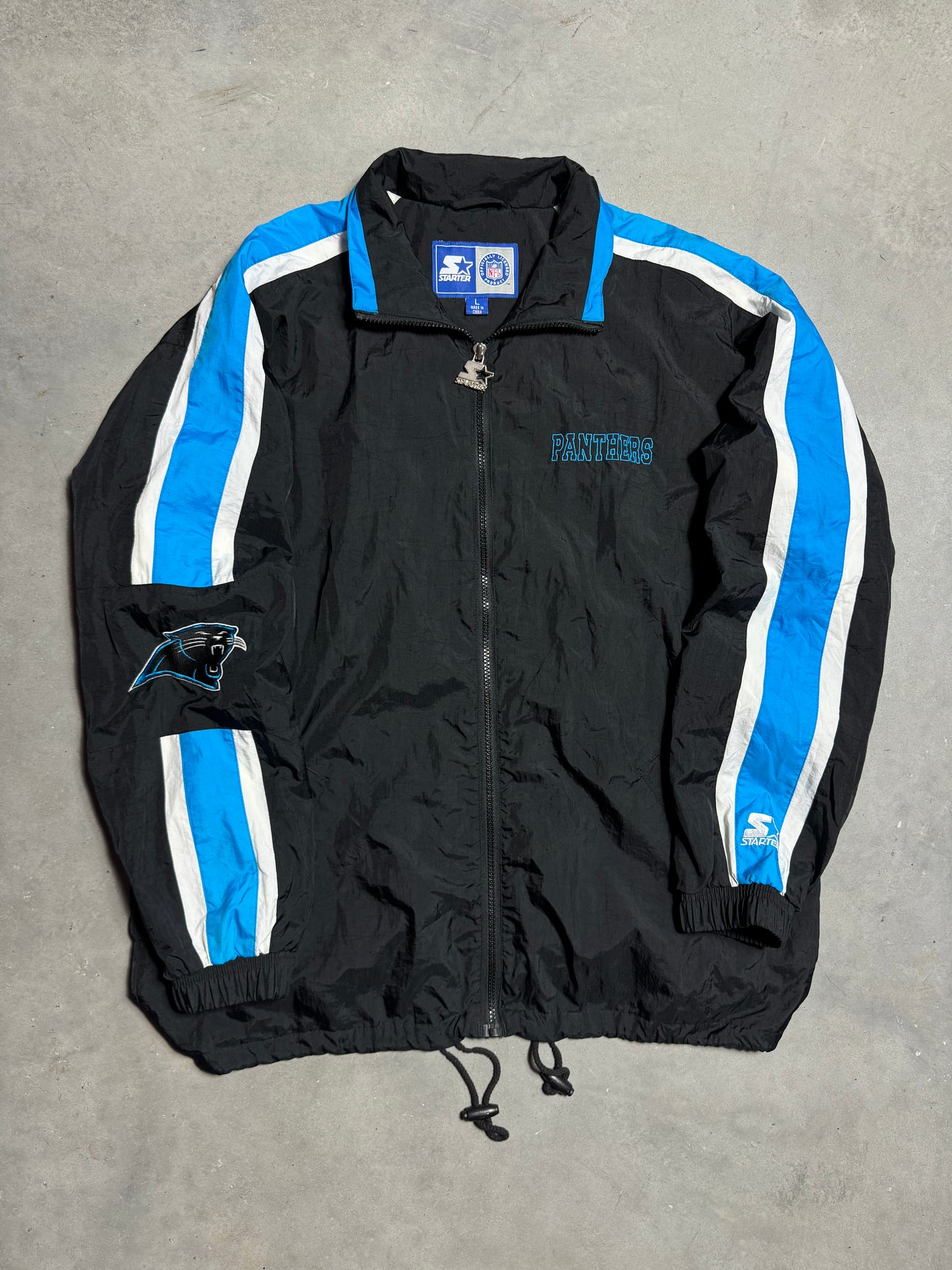 90’s Carolina Panthers Vintage Starter Jersey Stripe Style Big Logo NFL Windbreaker Jacket (Large)