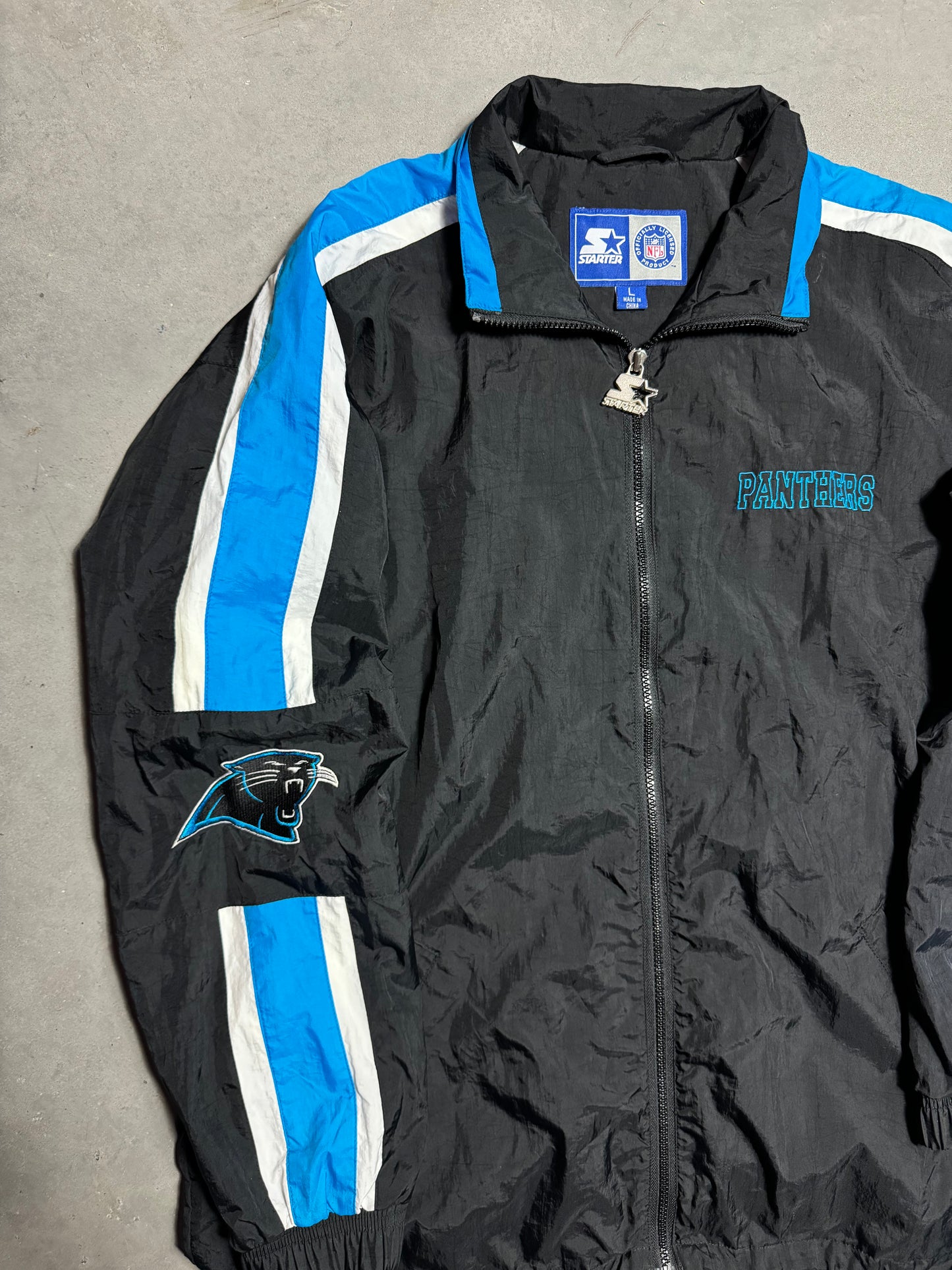 90’s Carolina Panthers Vintage Starter Jersey Stripe Style Big Logo NFL Windbreaker Jacket (Large)