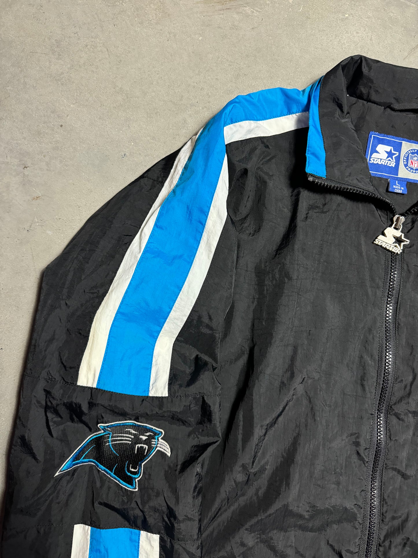 90’s Carolina Panthers Vintage Starter Jersey Stripe Style Big Logo NFL Windbreaker Jacket (Large)