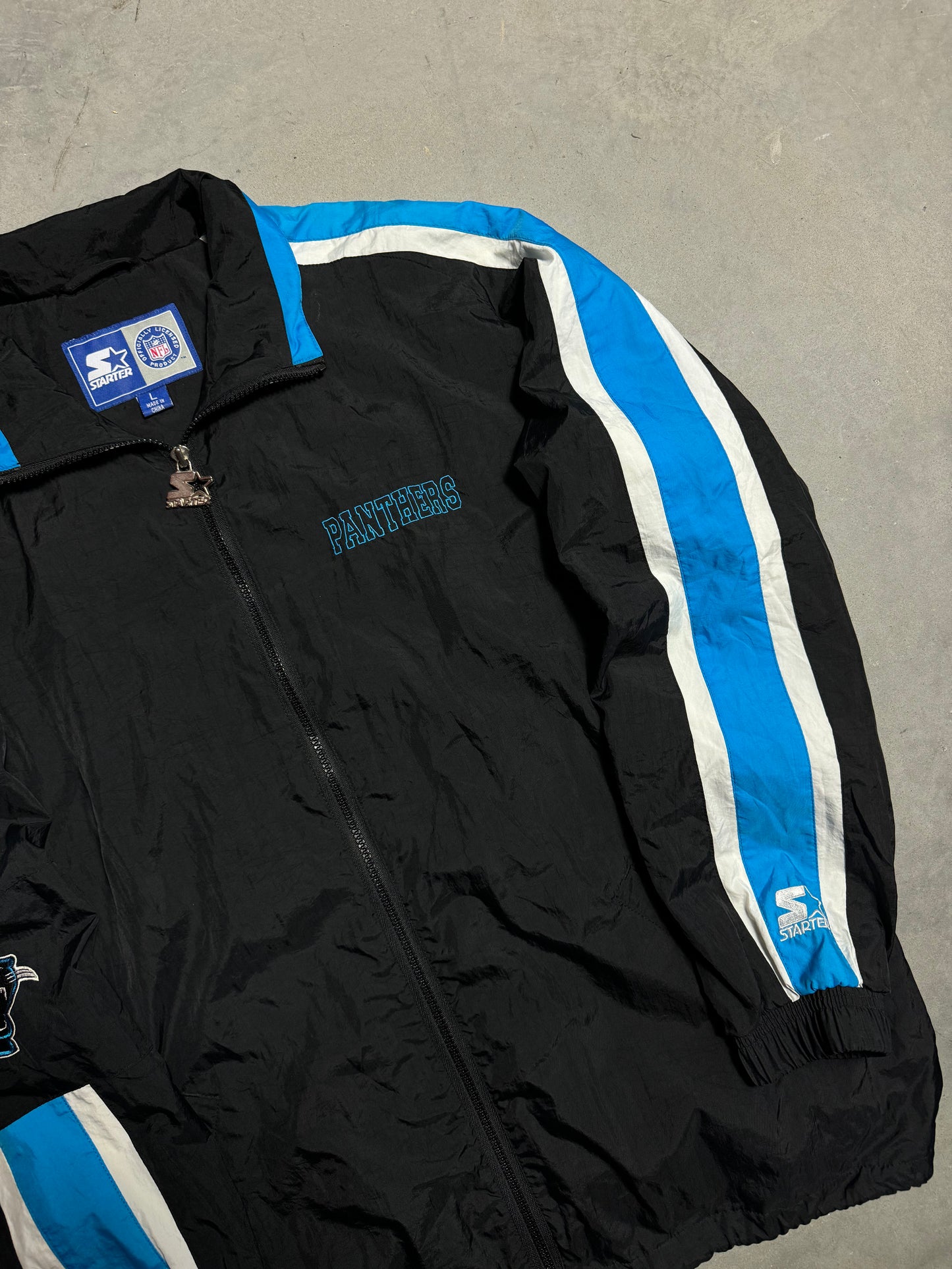 90’s Carolina Panthers Vintage Starter Jersey Stripe Style Big Logo NFL Windbreaker Jacket (Large)