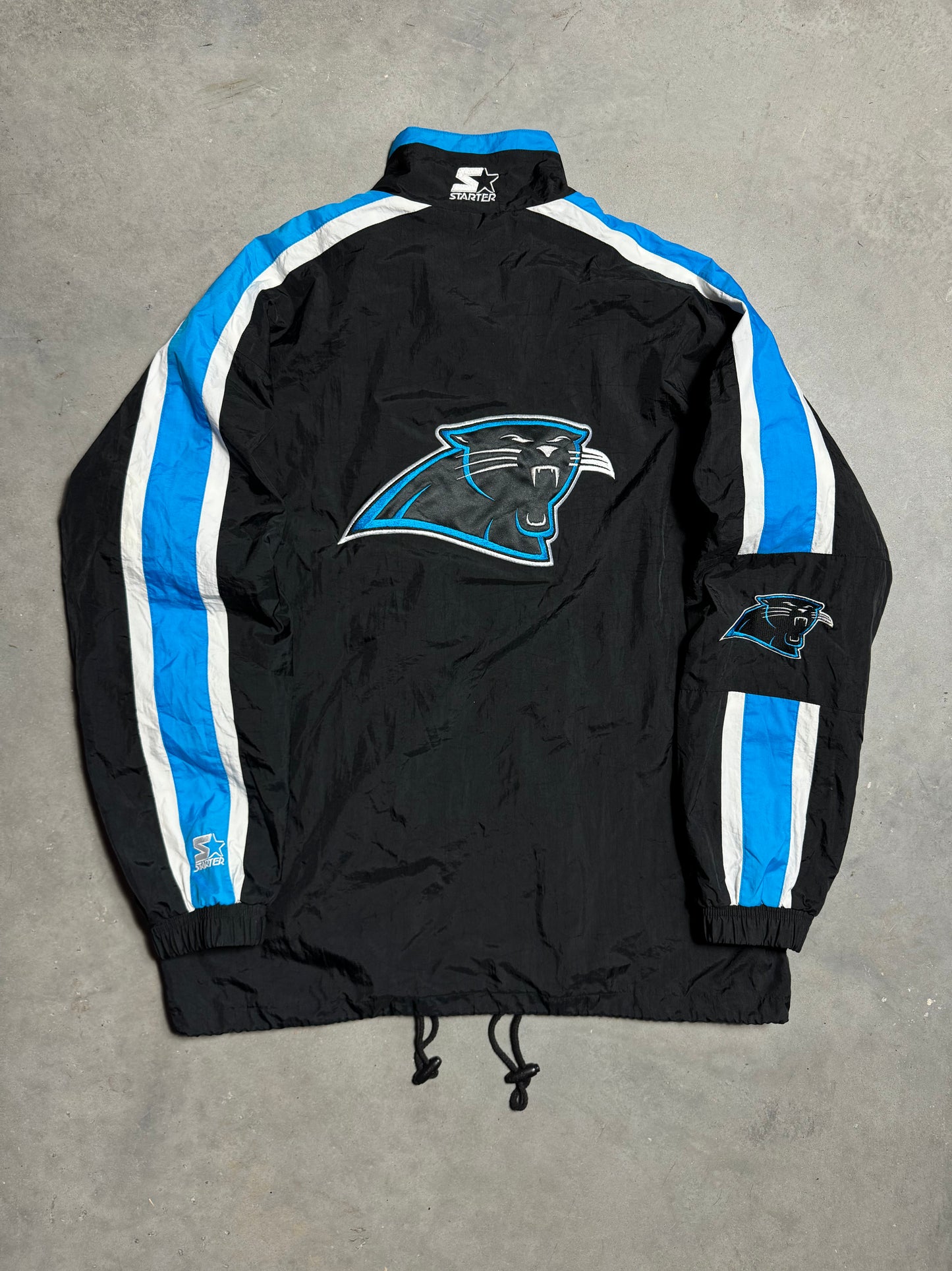 90’s Carolina Panthers Vintage Starter Jersey Stripe Style Big Logo NFL Windbreaker Jacket (Large)