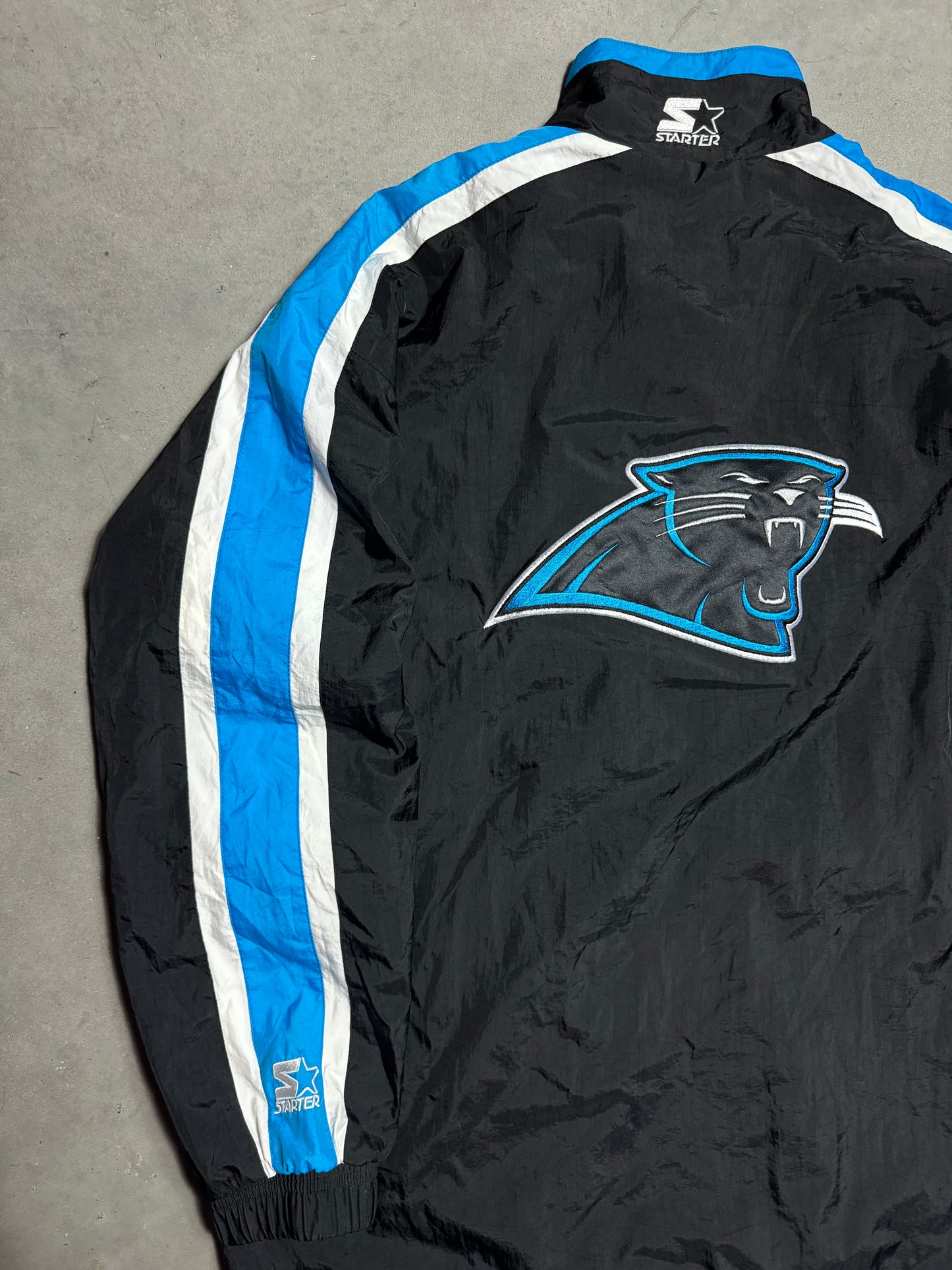 90’s Carolina Panthers Vintage Starter Jersey Stripe Style Big Logo NFL Windbreaker Jacket (Large)