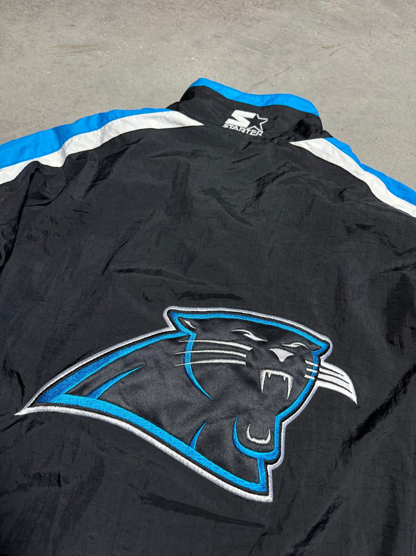 90’s Carolina Panthers Vintage Starter Jersey Stripe Style Big Logo NFL Windbreaker Jacket (Large)