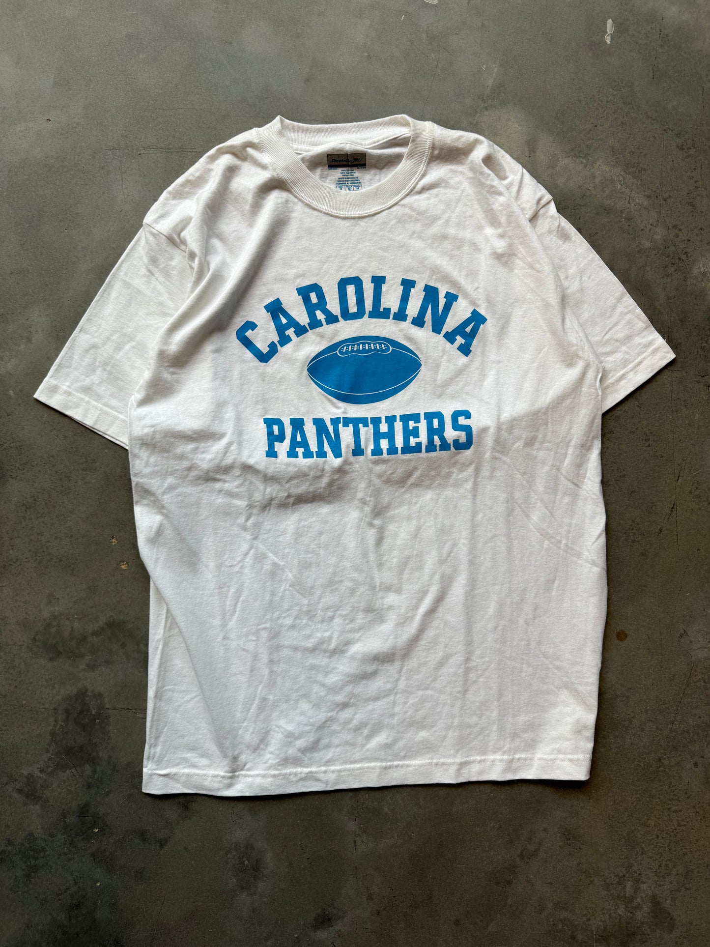 00’s Carolina Panthers Vintage White Block Letter Reebok NFL Tee (Medium)