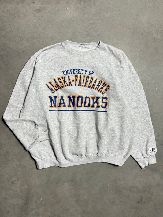 90’s University of Alaska-Fairbanks Nanooks Vintage Heather Grey Logo Athletic College Crewneck (Large)