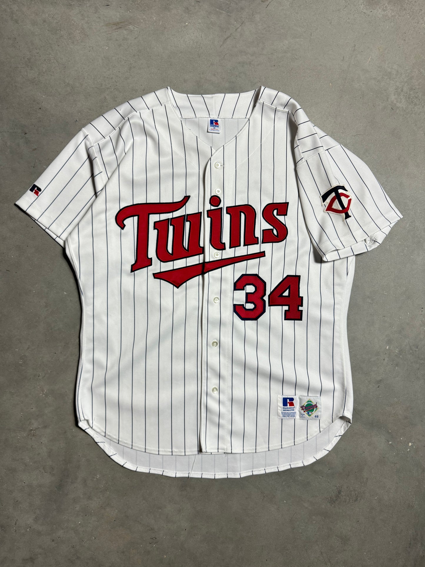 90’s Minnesota Twins Kirby Puckett Vintage Russell Athletic Diamond Collection White Pinstriped Authentic MLB Jersey (48/XL)