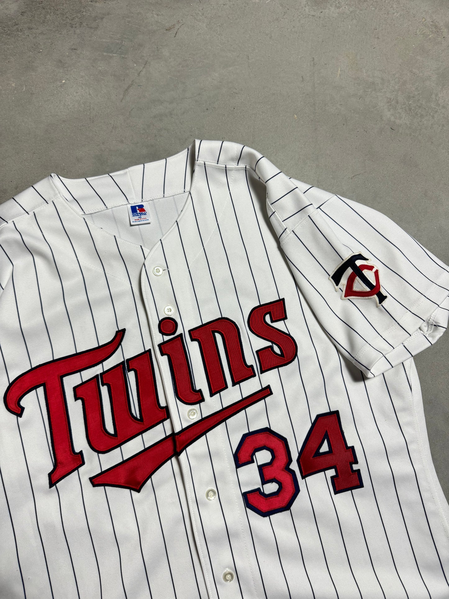 90’s Minnesota Twins Kirby Puckett Vintage Russell Athletic Diamond Collection White Pinstriped Authentic MLB Jersey (48/XL)