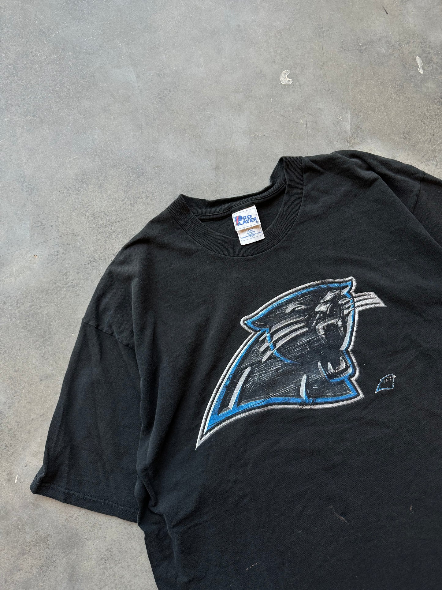 90’s Carolina Panthers Vintage Black Pro Player Big Logo NFL Tee (XXL)