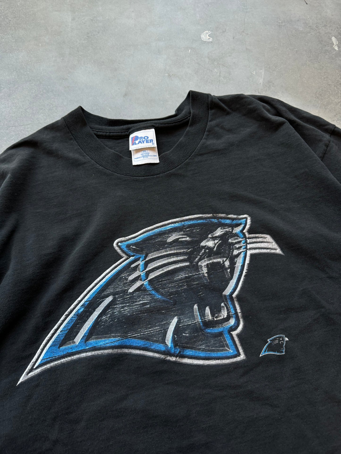 90’s Carolina Panthers Vintage Black Pro Player Big Logo NFL Tee (XXL)