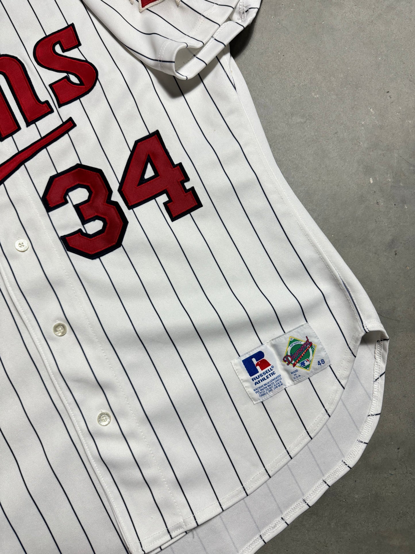 90’s Minnesota Twins Kirby Puckett Vintage Russell Athletic Diamond Collection White Pinstriped Authentic MLB Jersey (48/XL)