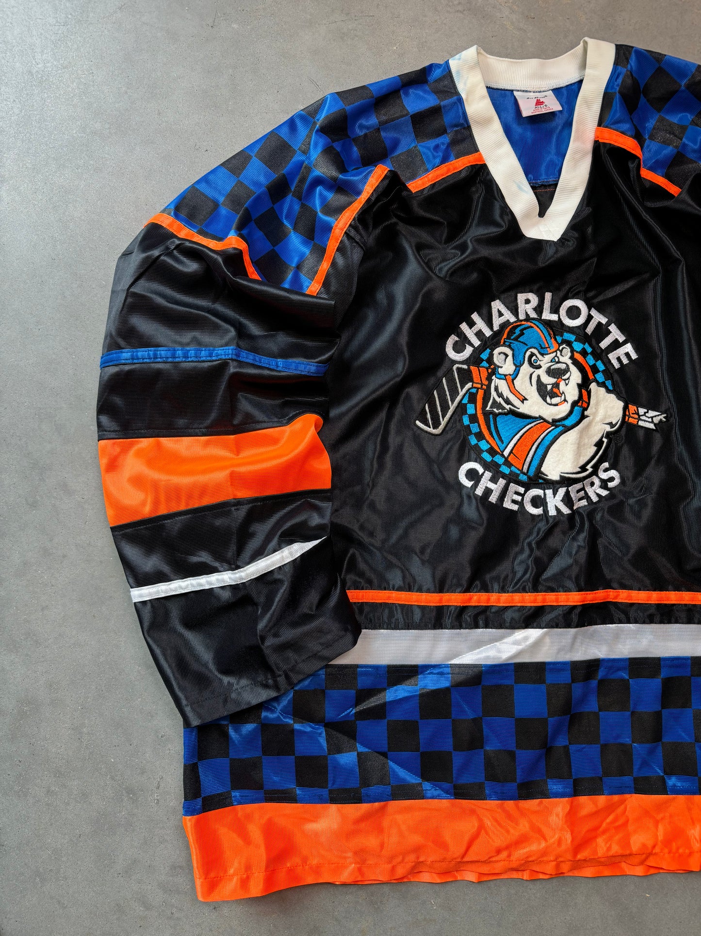 90’s Charlotte Checkers Vintage Hili Ice Sheen ECHL Authentic Checkerboard Hockey Jersey (XL)