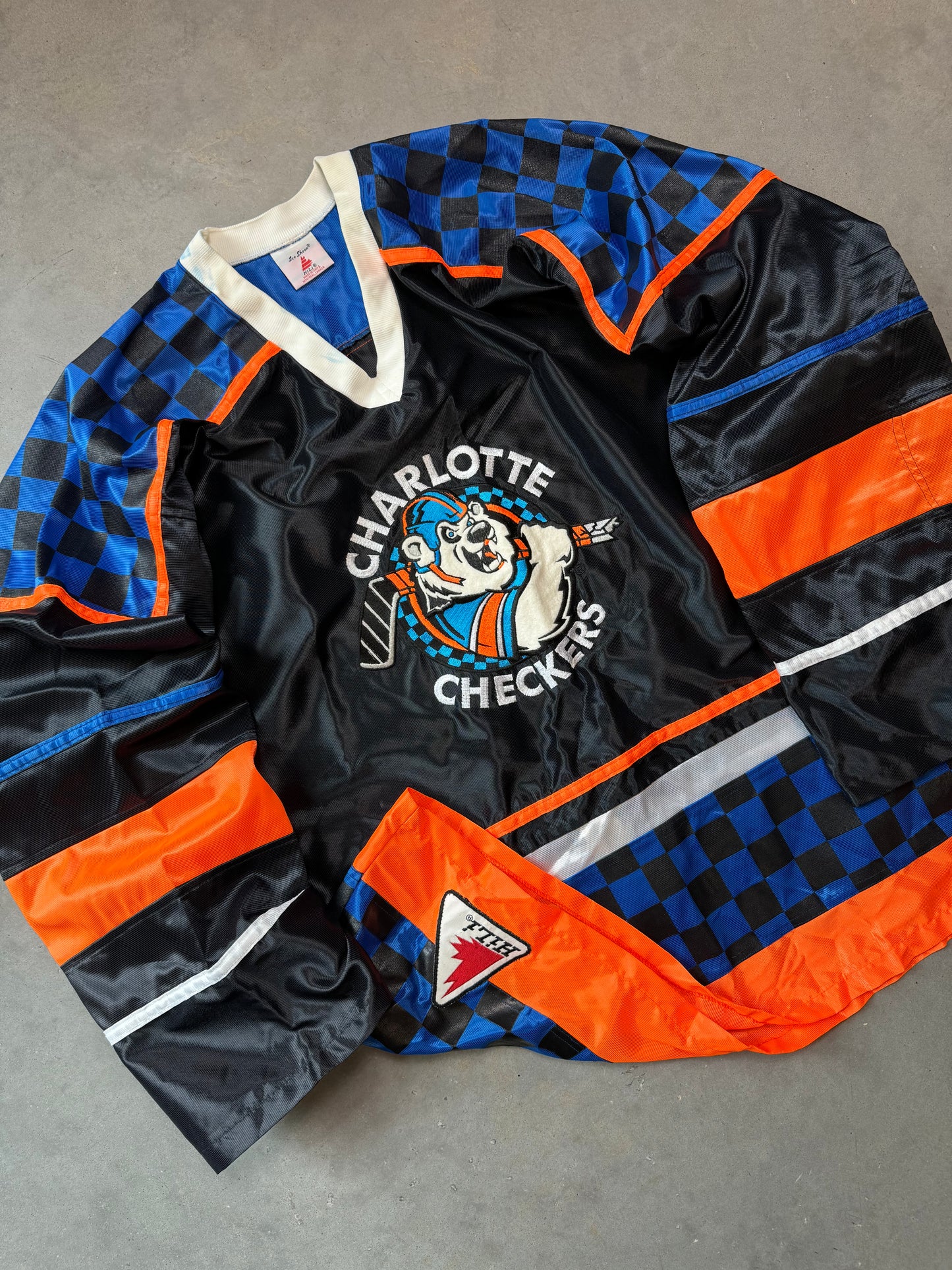 90’s Charlotte Checkers Vintage Hili Ice Sheen ECHL Authentic Checkerboard Hockey Jersey (XL)