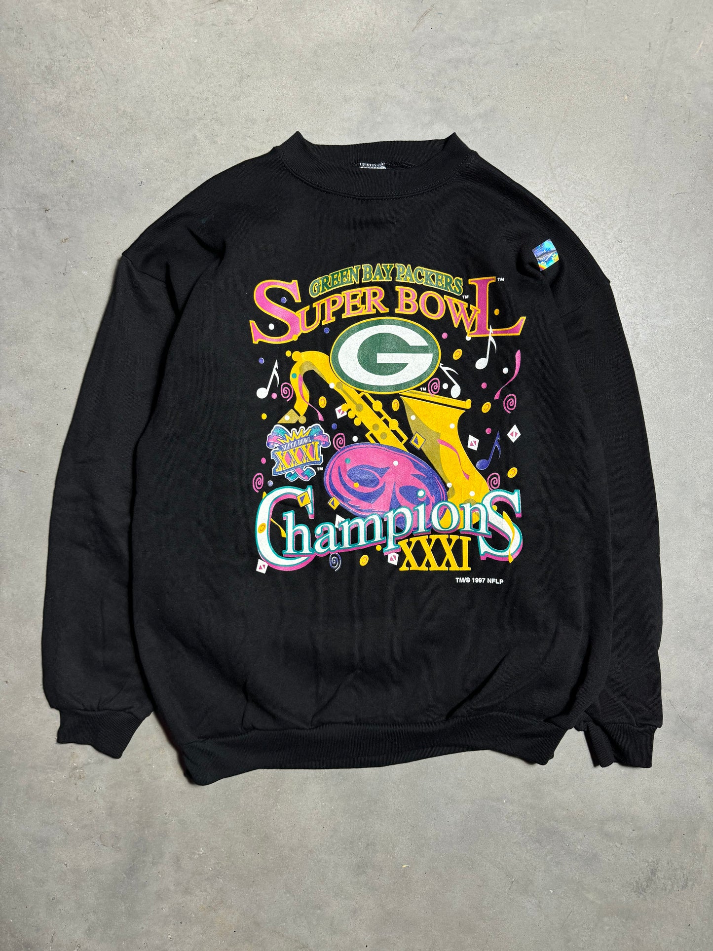 1997 Green Bay Packers Super Bowl XXXI New Orleans Jazz Inspired Logo 7 NFL Crewneck - Deadstock (Large)