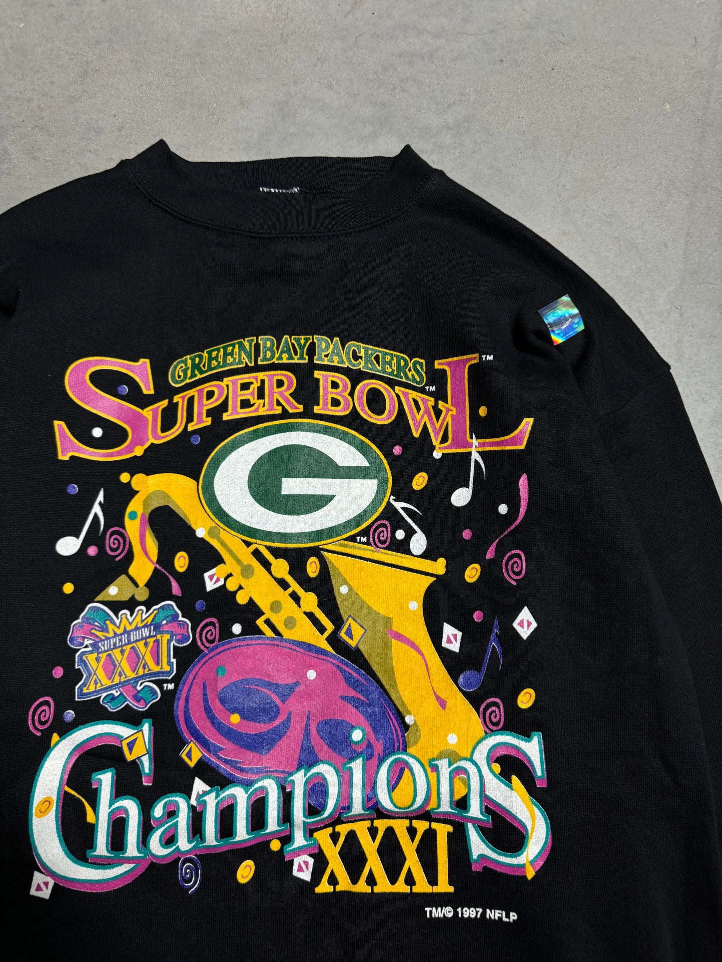 1997 Green Bay Packers Super Bowl XXXI New Orleans Jazz Inspired Logo 7 NFL Crewneck - Deadstock (Large)