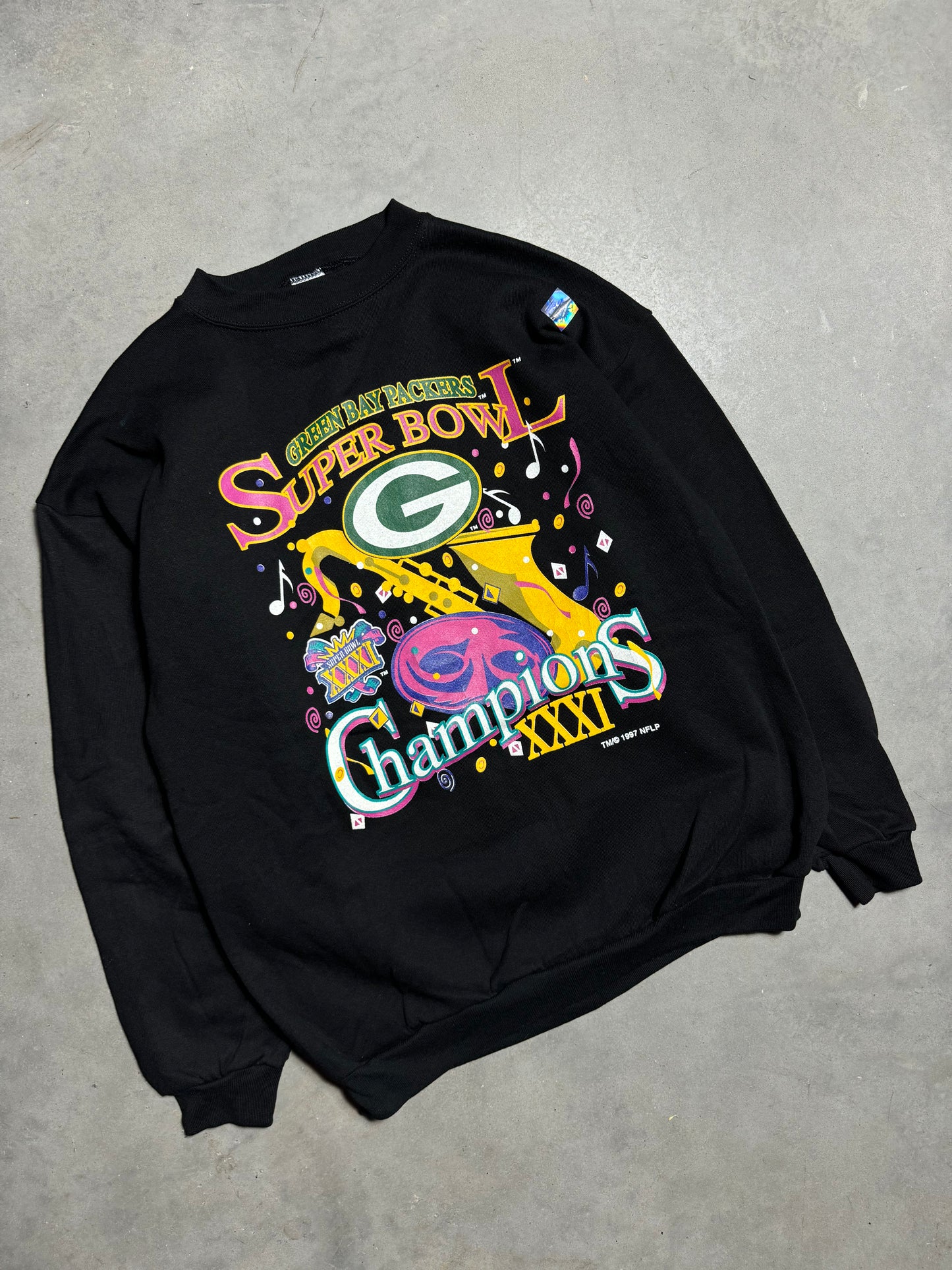 1997 Green Bay Packers Super Bowl XXXI New Orleans Jazz Inspired Logo 7 NFL Crewneck - Deadstock (Large)