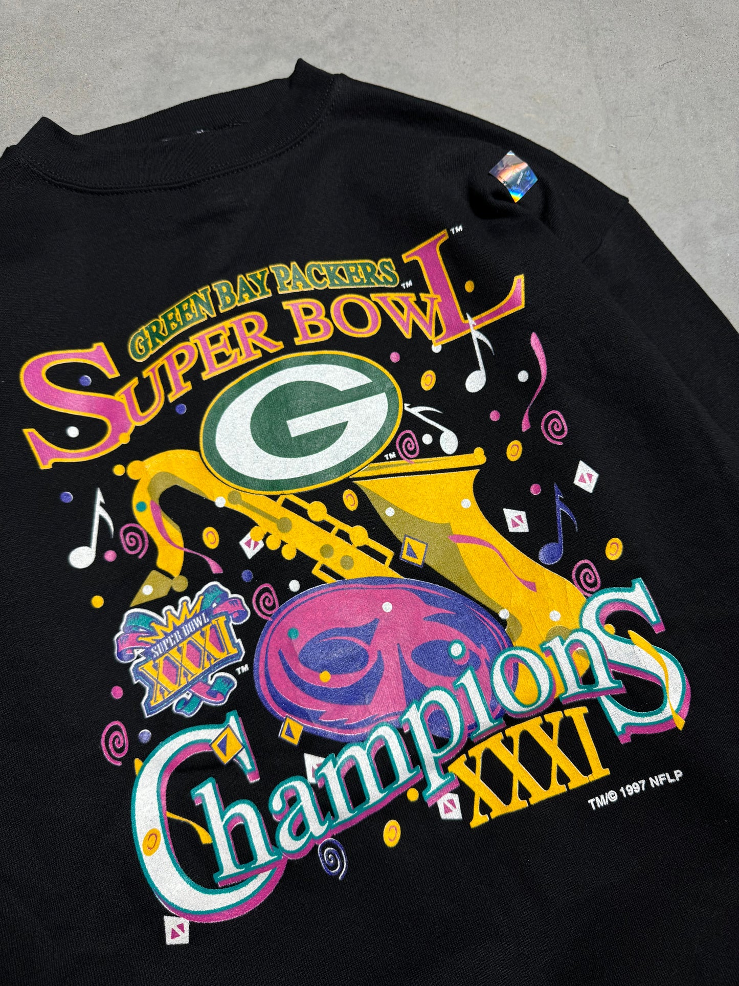 1997 Green Bay Packers Super Bowl XXXI New Orleans Jazz Inspired Logo 7 NFL Crewneck - Deadstock (Large)