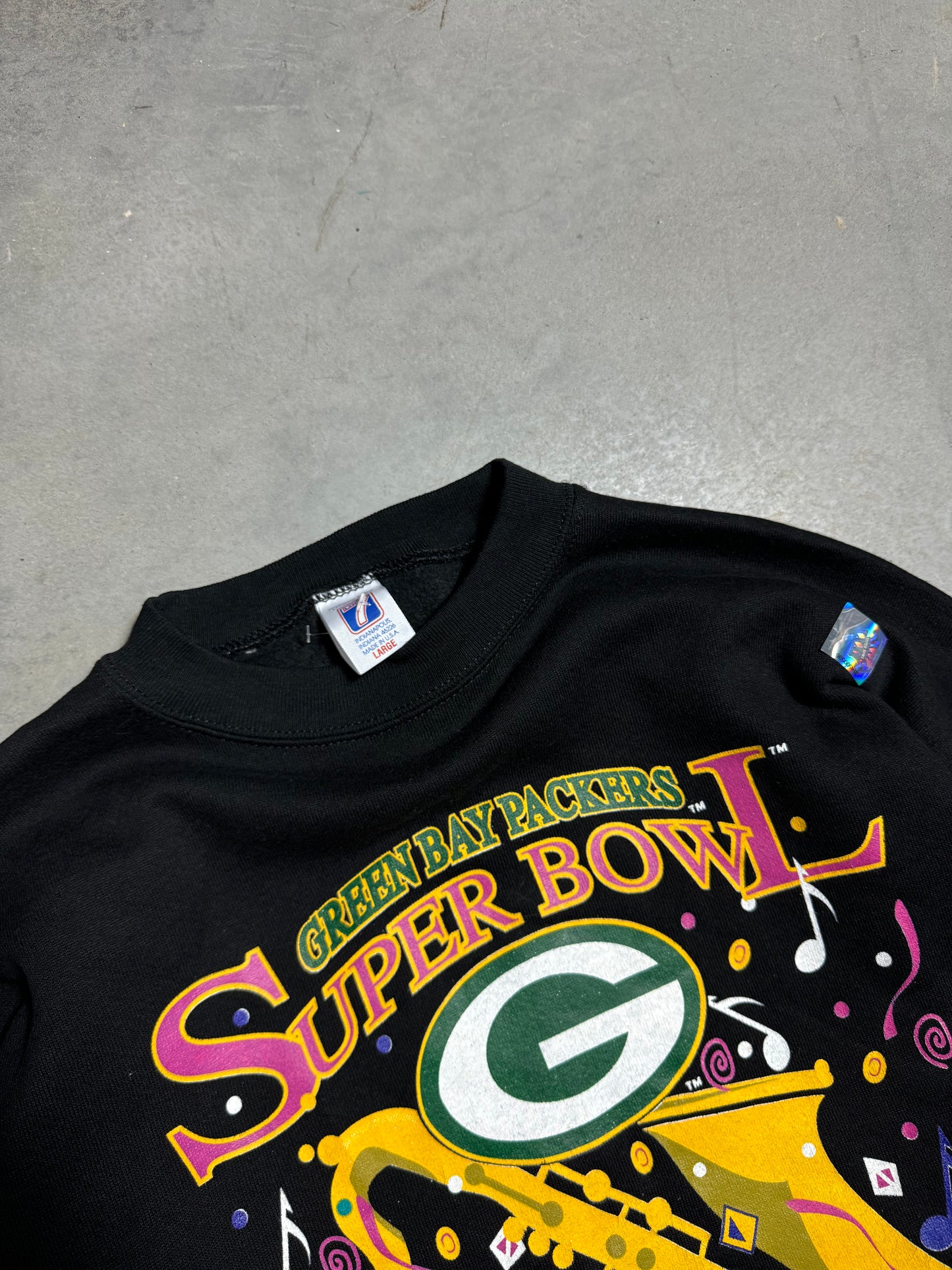 1997 Green Bay Packers Super Bowl XXXI New Orleans Jazz Inspired Logo 7 NFL Crewneck - Deadstock (Large)