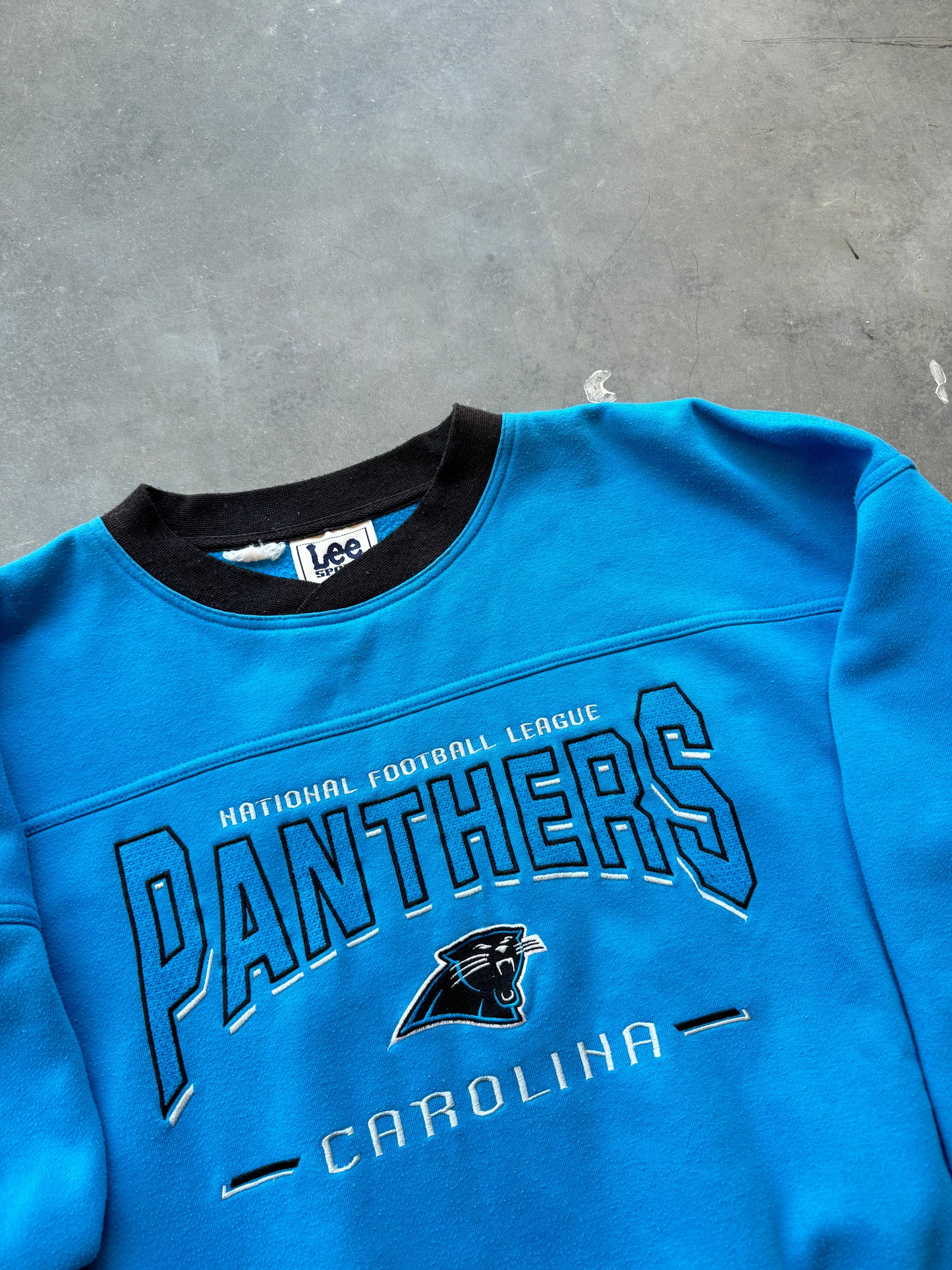 90’s Carolina Panthers Vintage Electric Blue Lee Sport Heavyweight Embroidered NFL Crewneck (XL)