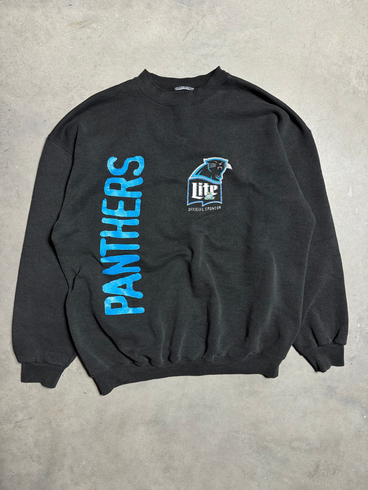 90’s Carolina Panthers x Miller Lite Vintage Vertical Spellout Black NFL Crewneck (XL)