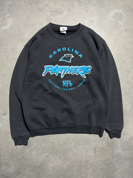 00’s Carolina Panthers Vintage Faded Black Cat Scratch Font NFL Crewneck (Medium)