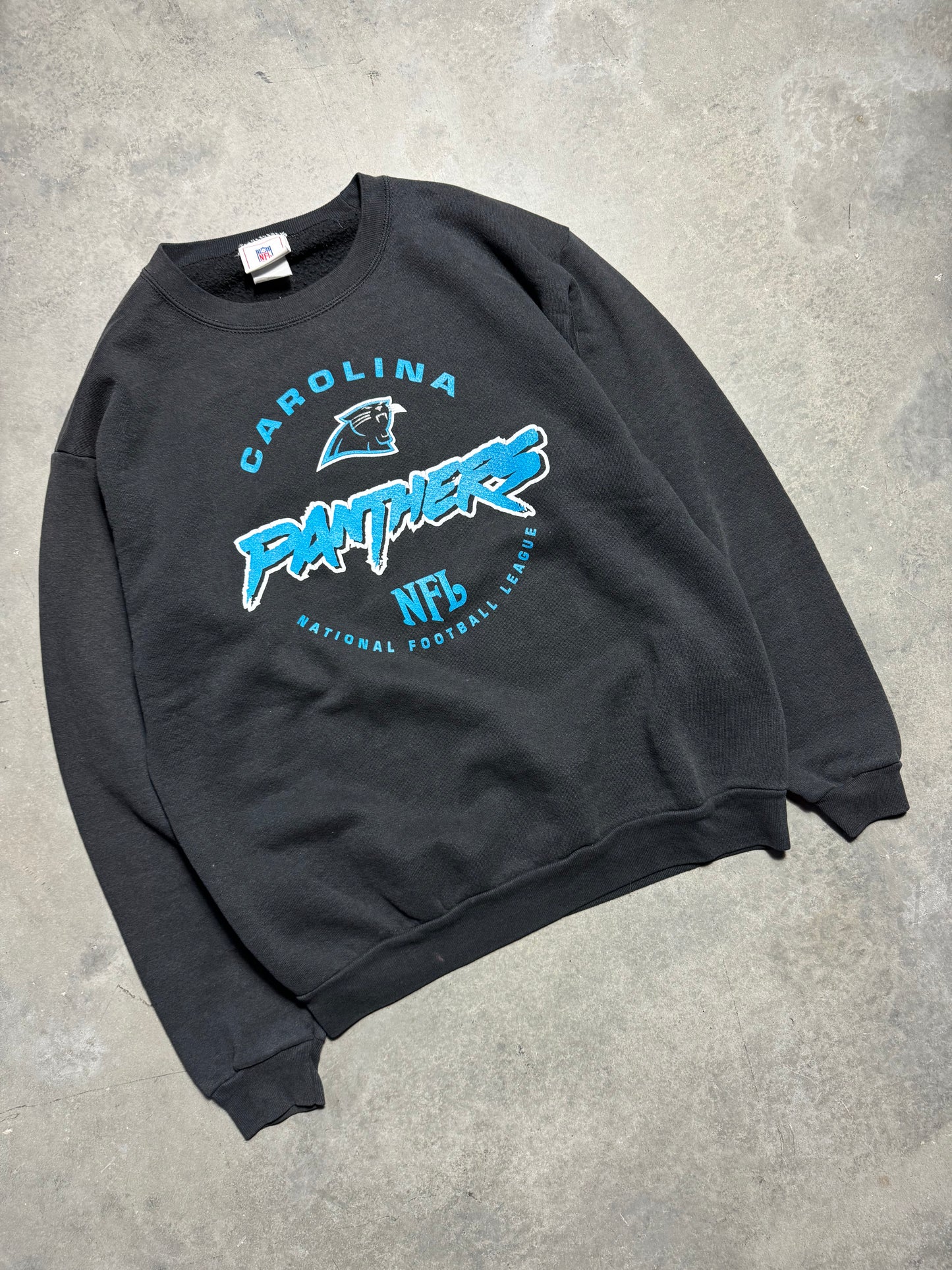 00’s Carolina Panthers Vintage Faded Black Cat Scratch Font NFL Crewneck (Medium)