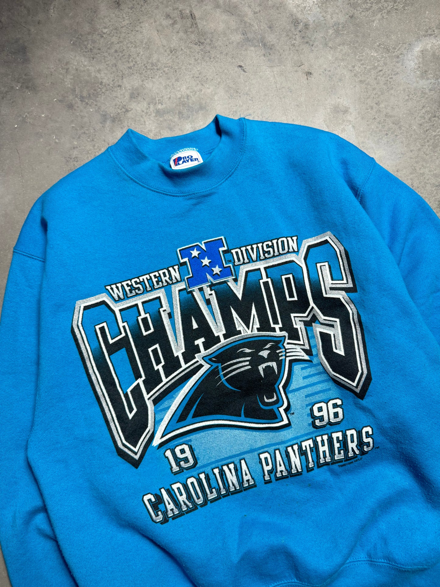 1996 Carolina Panthers Vintage Electric Blue Pro Player NFC Western Division Champions Heavyweight NFL Crewneck (Large)