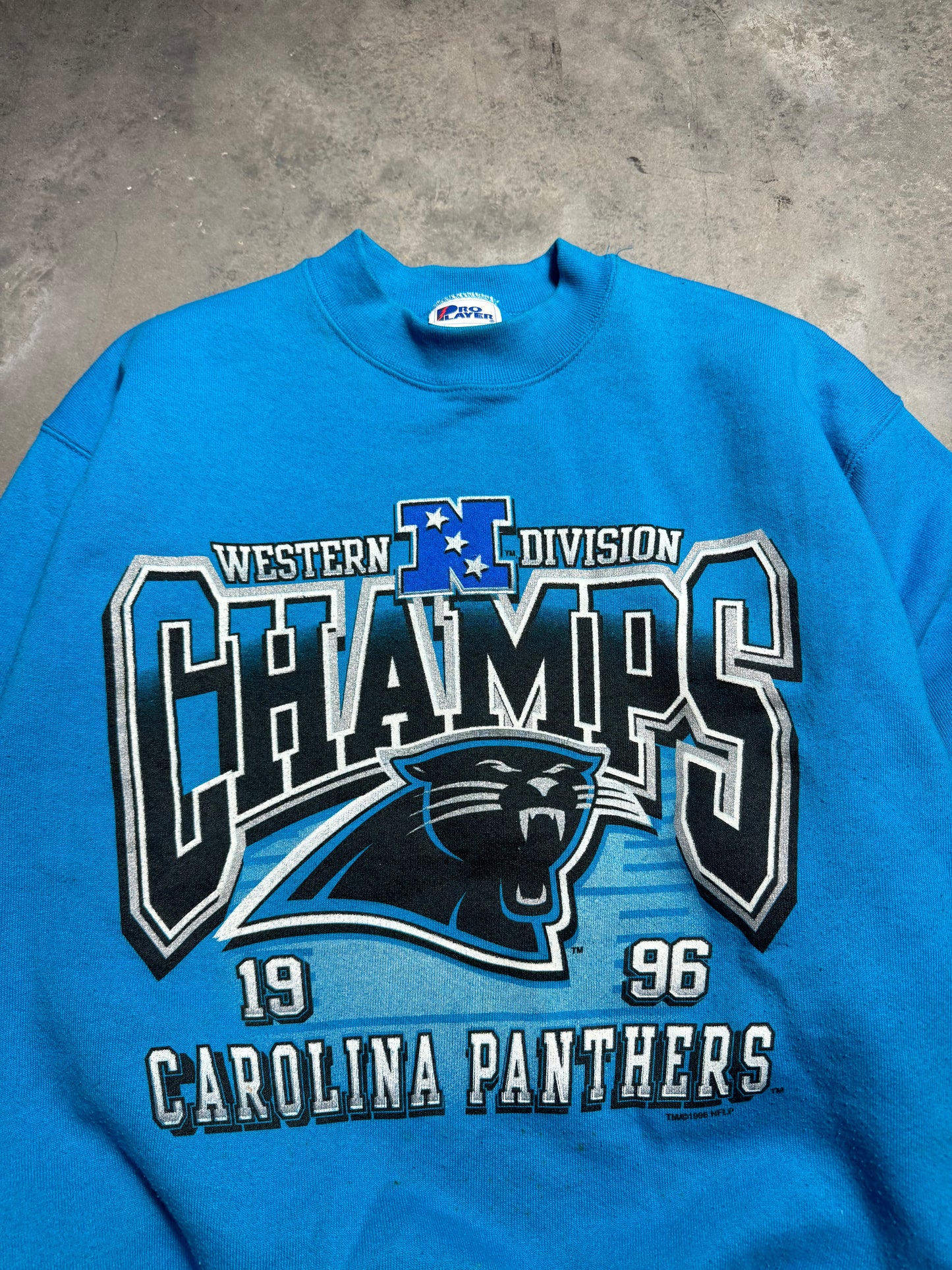 1996 Carolina Panthers Vintage Electric Blue Pro Player NFC Western Division Champions Heavyweight NFL Crewneck (Large)