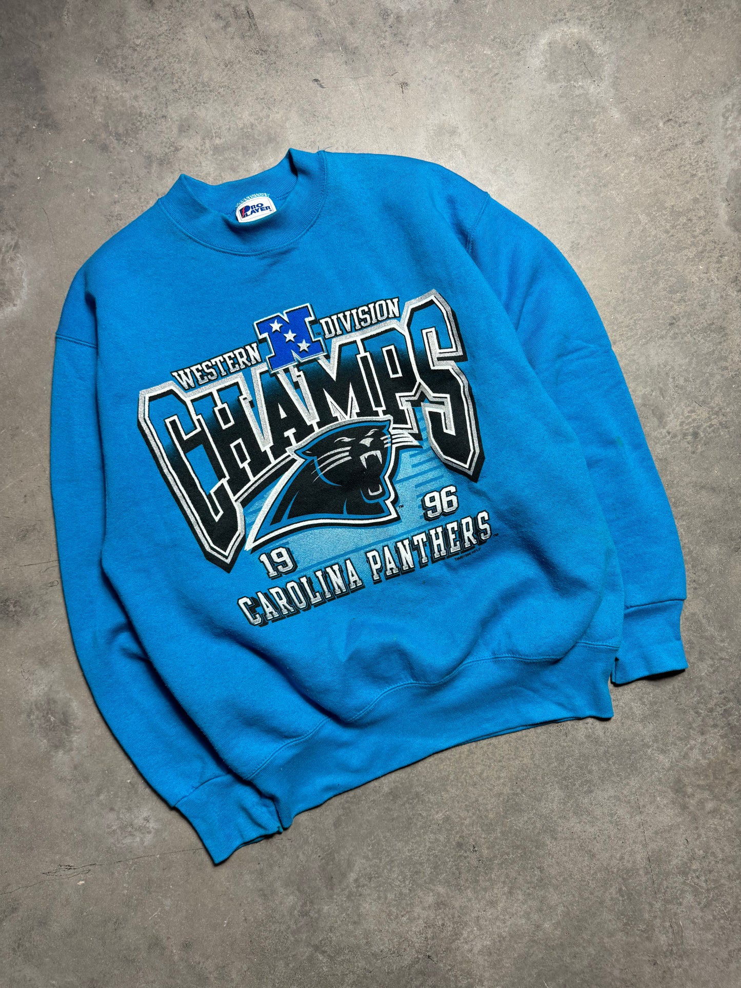 1996 Carolina Panthers Vintage Electric Blue Pro Player NFC Western Division Champions Heavyweight NFL Crewneck (Large)