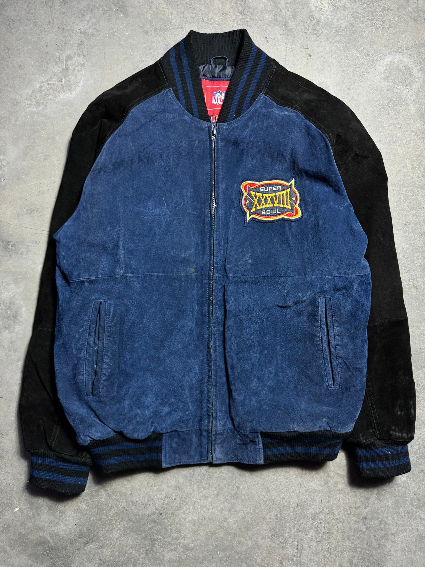 2004 Carolina Panthers vs. New England Patriots Super Bowl XXXVIII Houston Texas Big Patch Suede Leather NFL Jacket (XL)