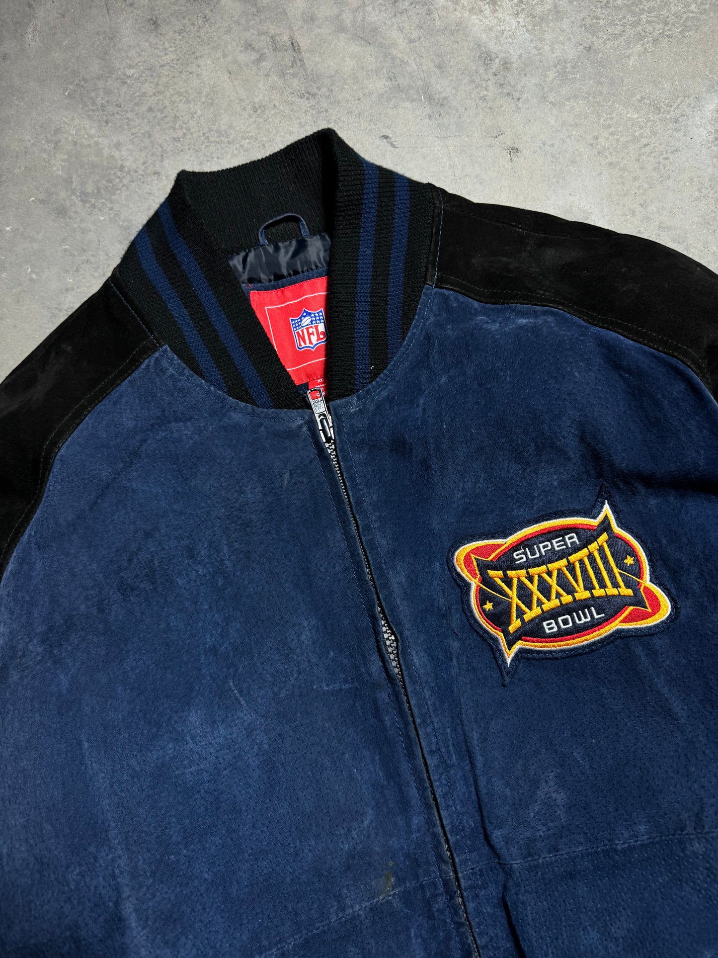 2004 Carolina Panthers vs. New England Patriots Super Bowl XXXVIII Houston Texas Big Patch Suede Leather NFL Jacket (XL)