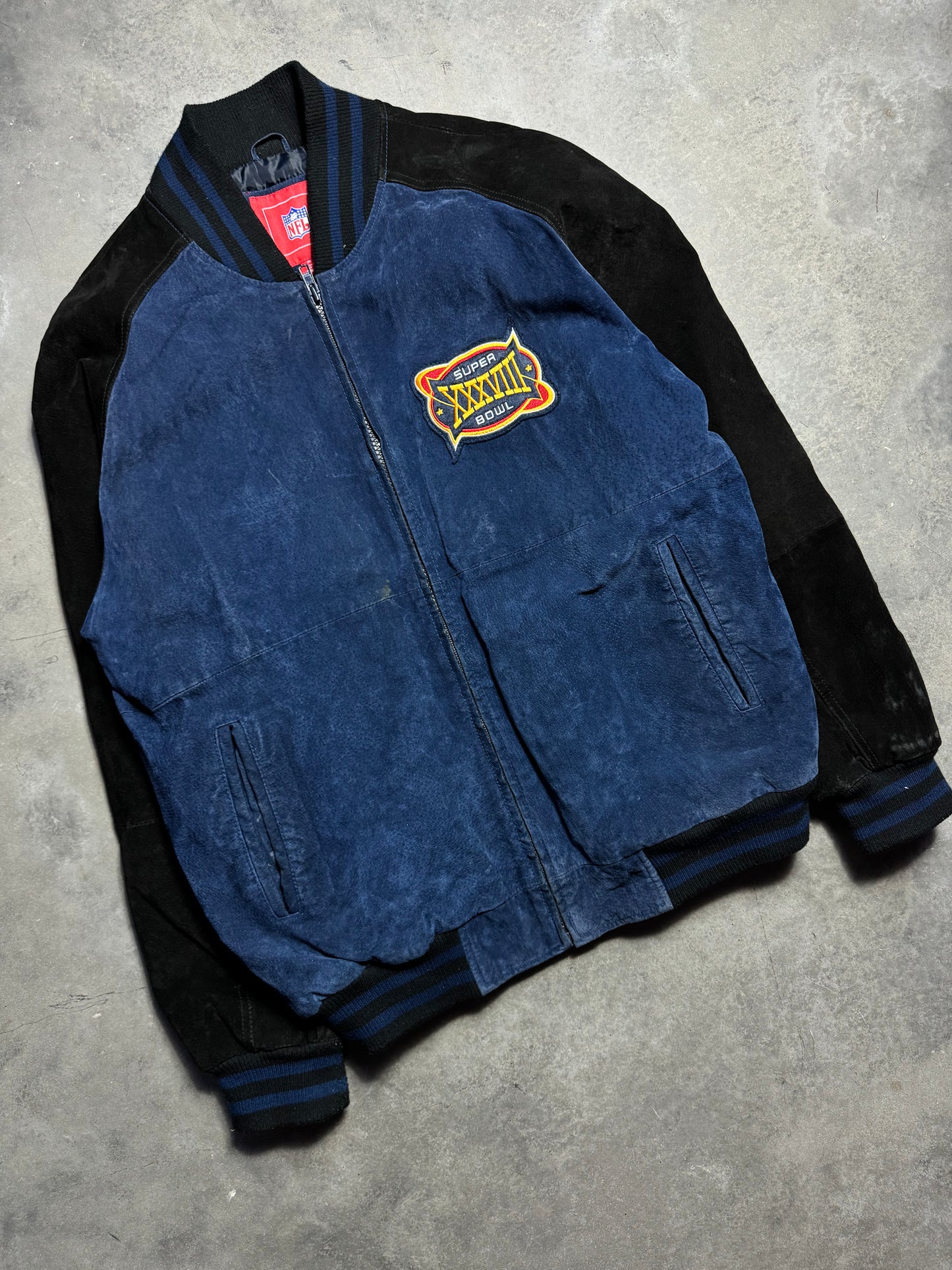 2004 Carolina Panthers vs. New England Patriots Super Bowl XXXVIII Houston Texas Big Patch Suede Leather NFL Jacket (XL)