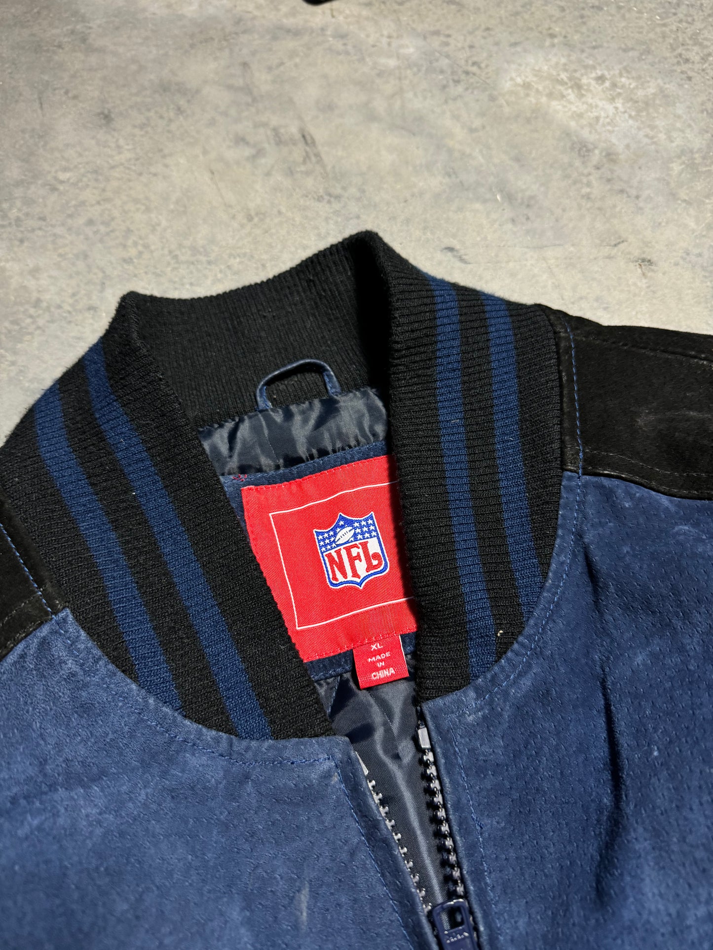 2004 Carolina Panthers vs. New England Patriots Super Bowl XXXVIII Houston Texas Big Patch Suede Leather NFL Jacket (XL)