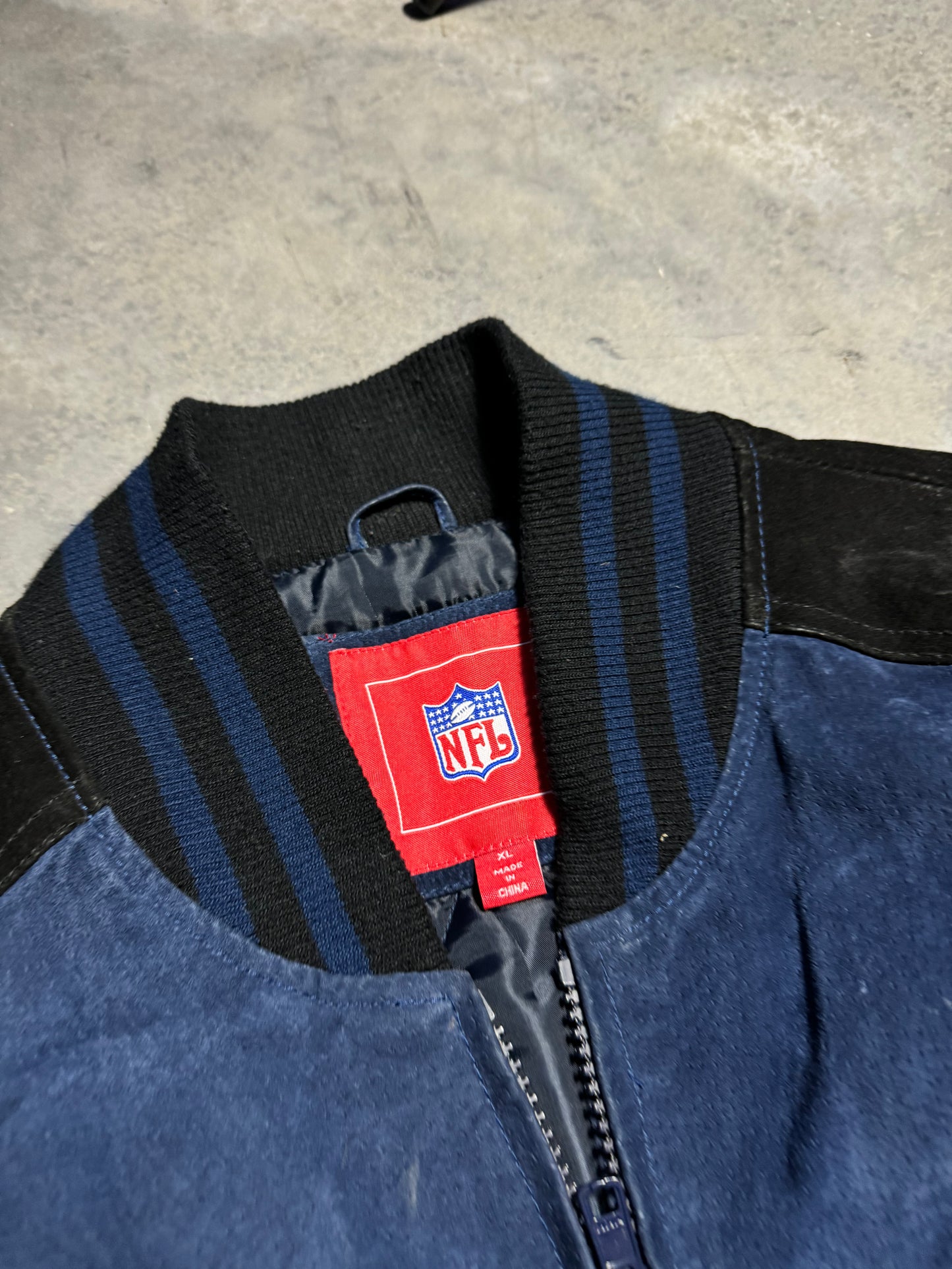 2004 Carolina Panthers vs. New England Patriots Super Bowl XXXVIII Houston Texas Big Patch Suede Leather NFL Jacket (XL)