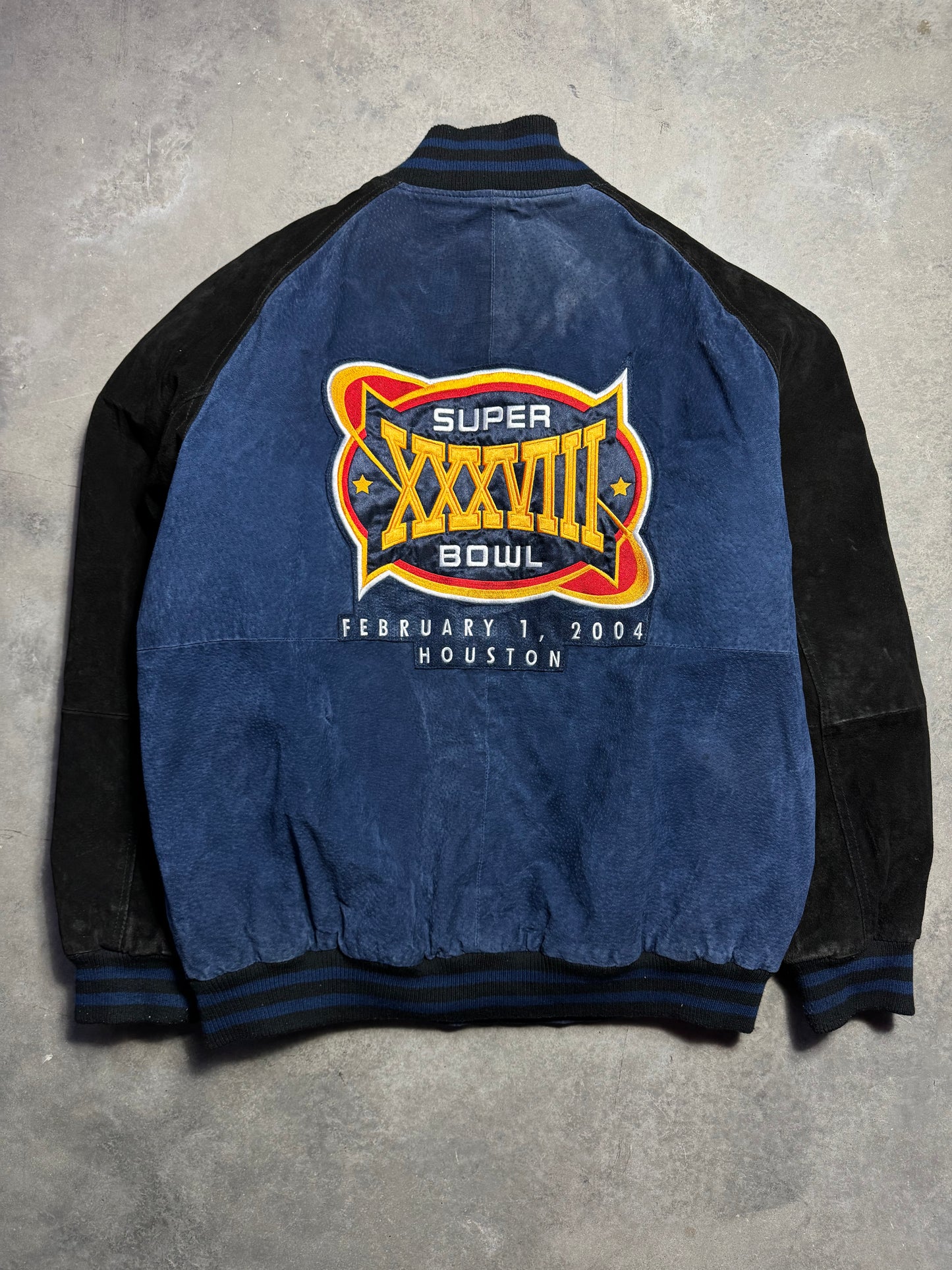 2004 Carolina Panthers vs. New England Patriots Super Bowl XXXVIII Houston Texas Big Patch Suede Leather NFL Jacket (XL)