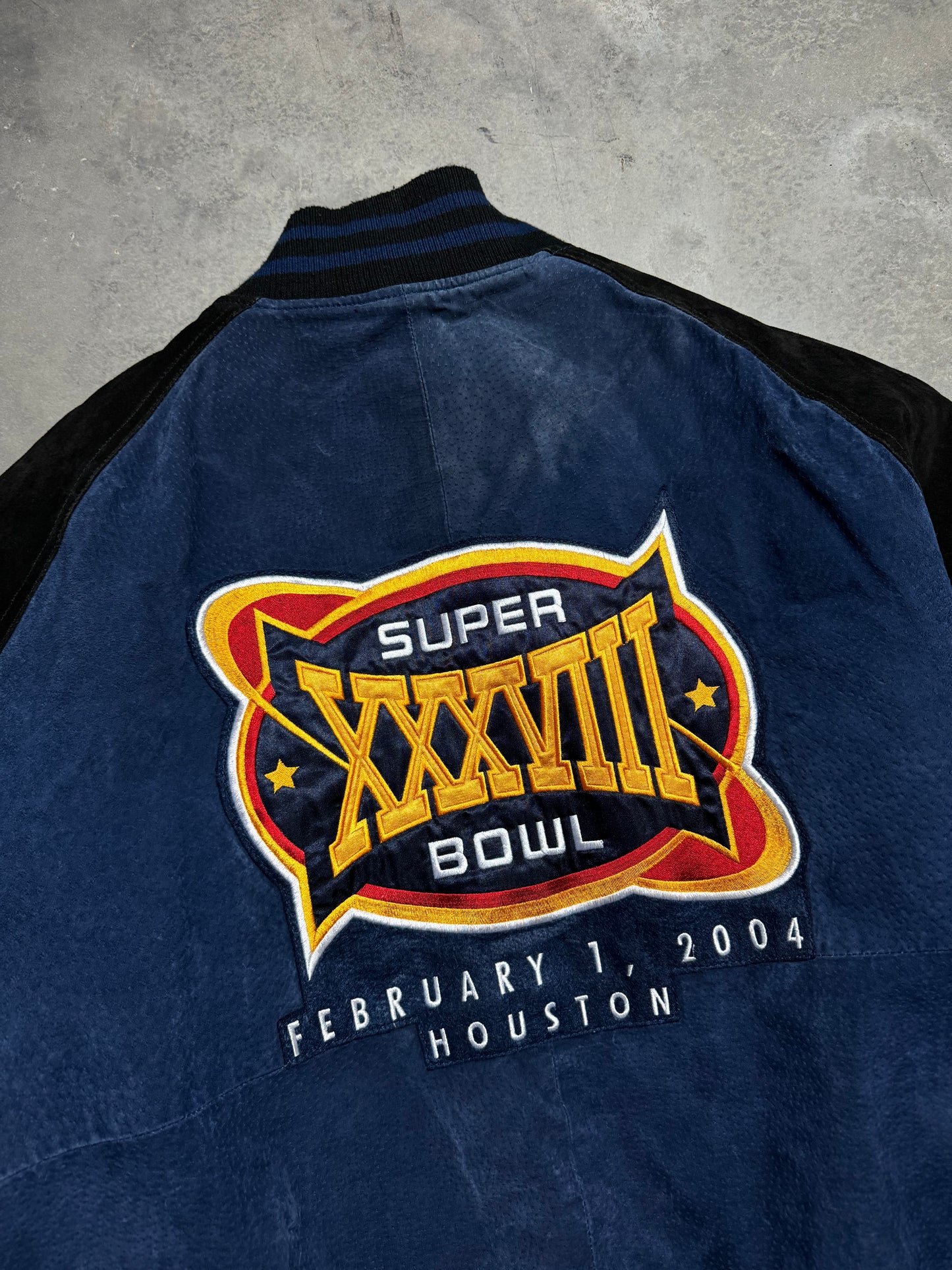 2004 Carolina Panthers vs. New England Patriots Super Bowl XXXVIII Houston Texas Big Patch Suede Leather NFL Jacket (XL)