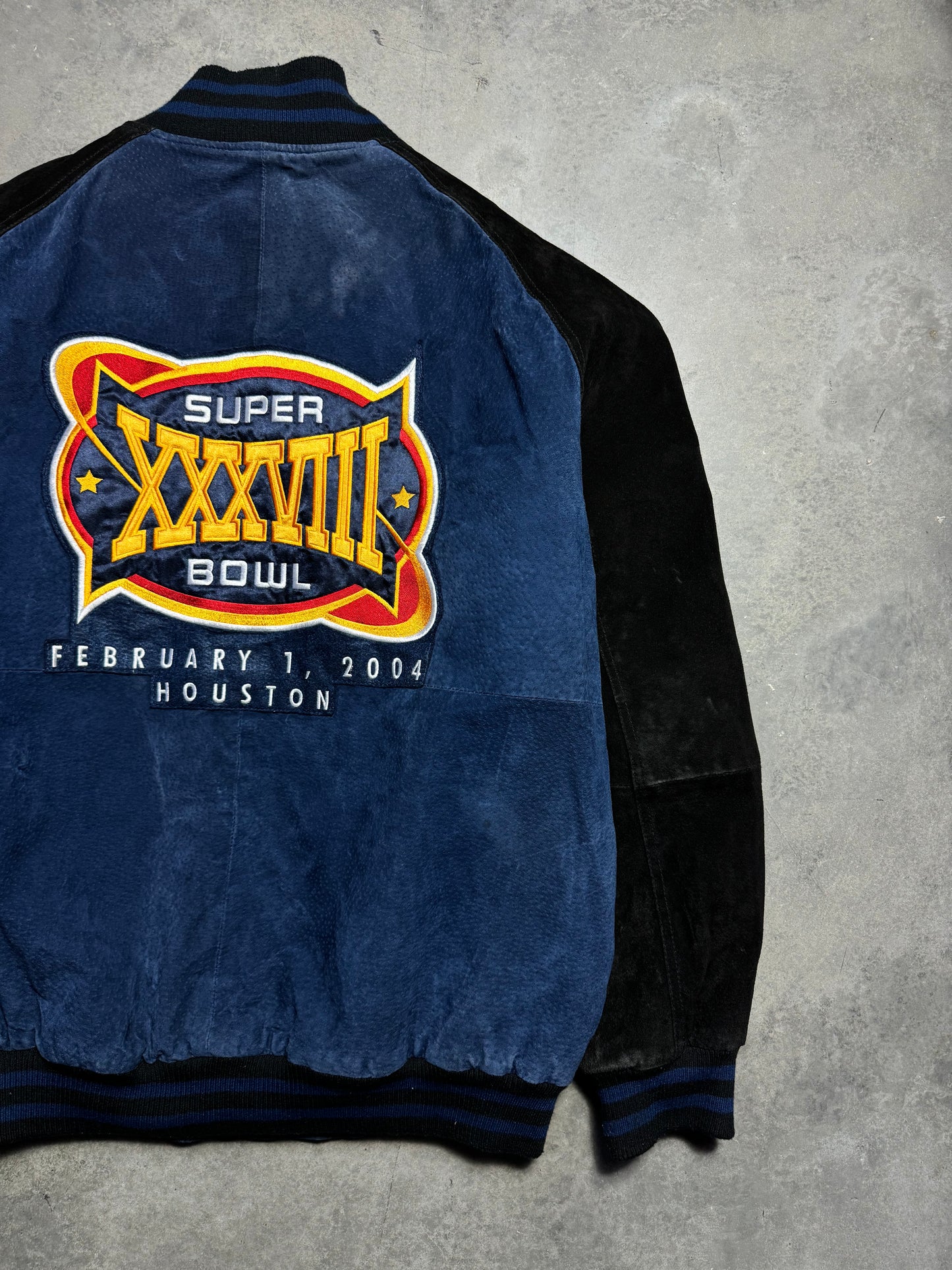 2004 Carolina Panthers vs. New England Patriots Super Bowl XXXVIII Houston Texas Big Patch Suede Leather NFL Jacket (XL)