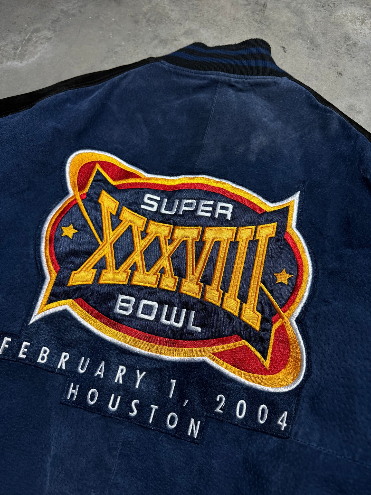 2004 Carolina Panthers vs. New England Patriots Super Bowl XXXVIII Houston Texas Big Patch Suede Leather NFL Jacket (XL)