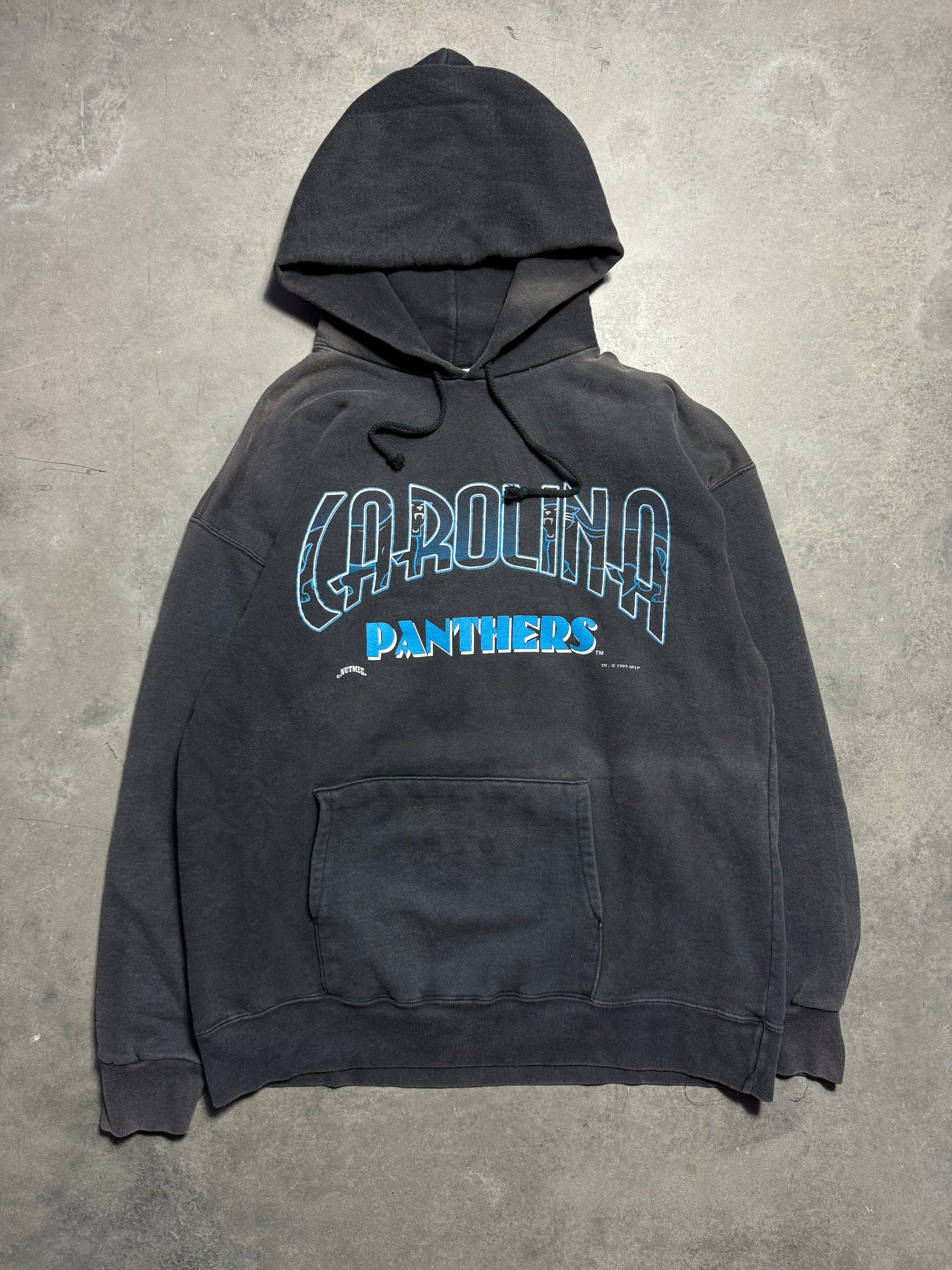 1993 Carolina Panthers Vintage Black Sun Faded Nutmeg Mills Full Alternate Cat Logo Spellout NFL Hoodie (Large)
